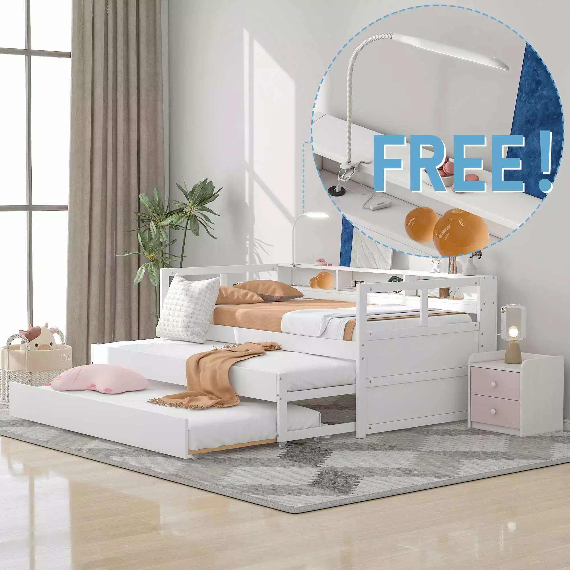 EUROCO Twin Platform Bed with Storage Shelf. Convertible Daybed with Night Light and USB Charging for Kids Teens Adults. 3 Beds in One. White