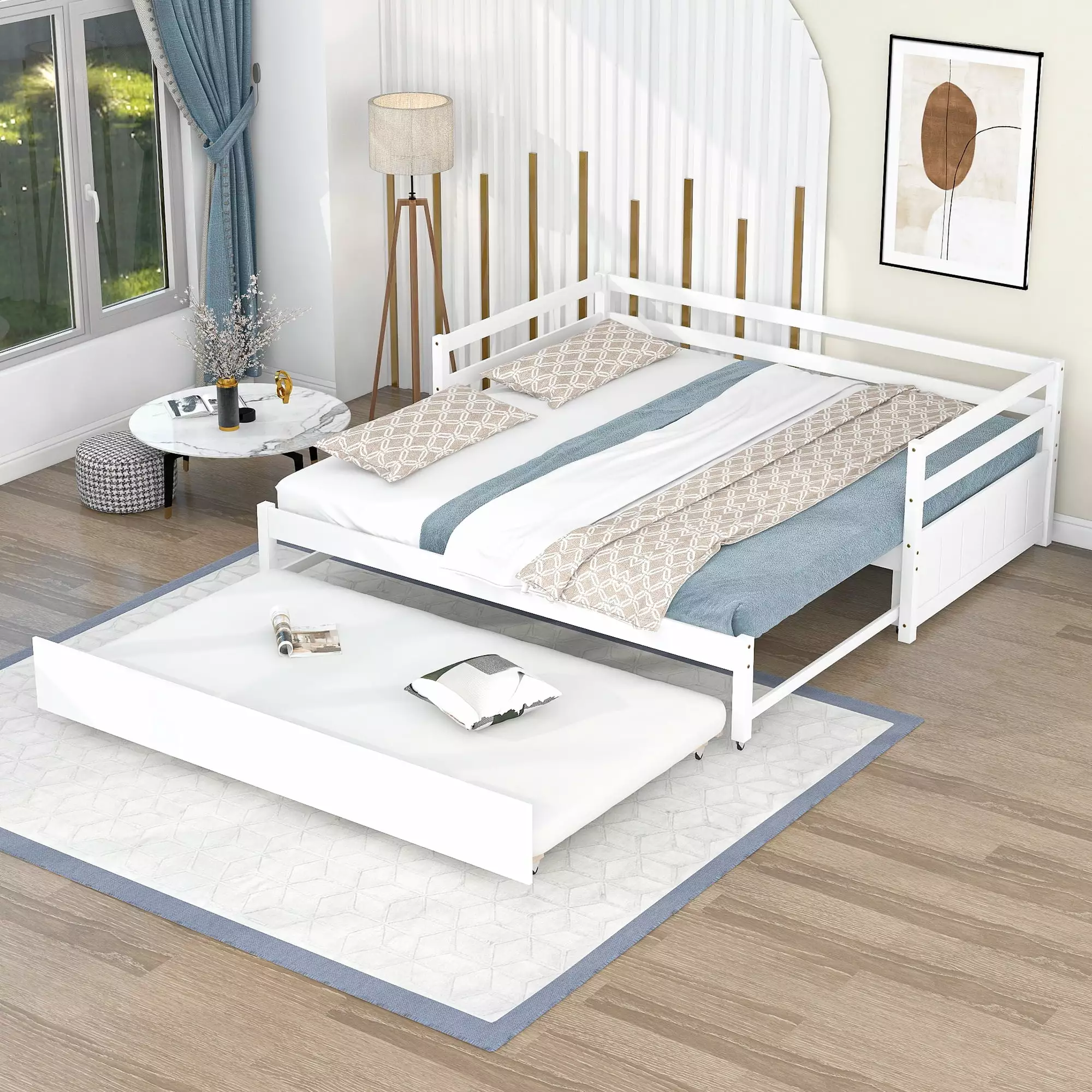 EUROCO Twin Size Daybed. Convertible Double Twin Size with Trundle. White