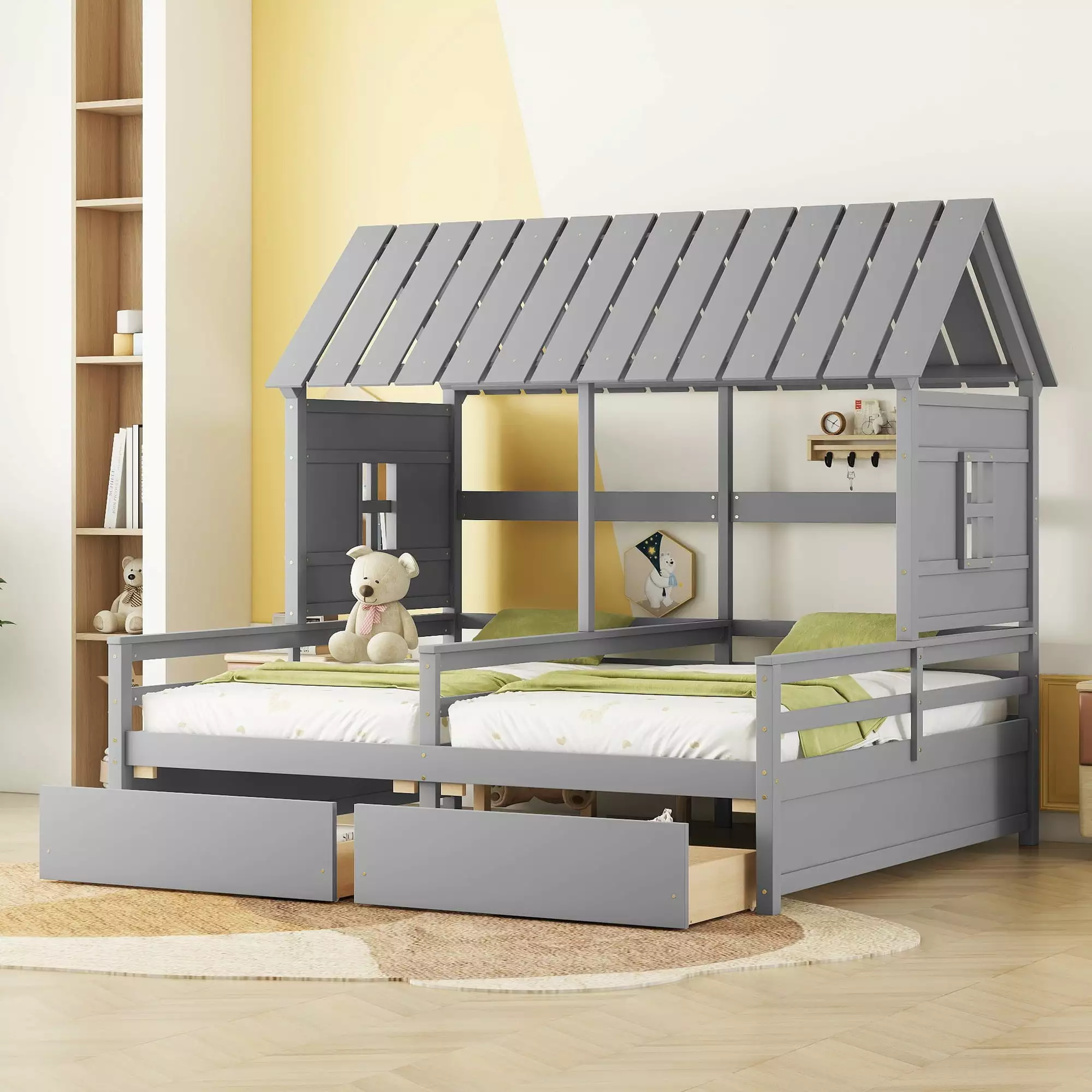 EUROCO Twin Size House Double Platform Beds with Two Drawers. Gray