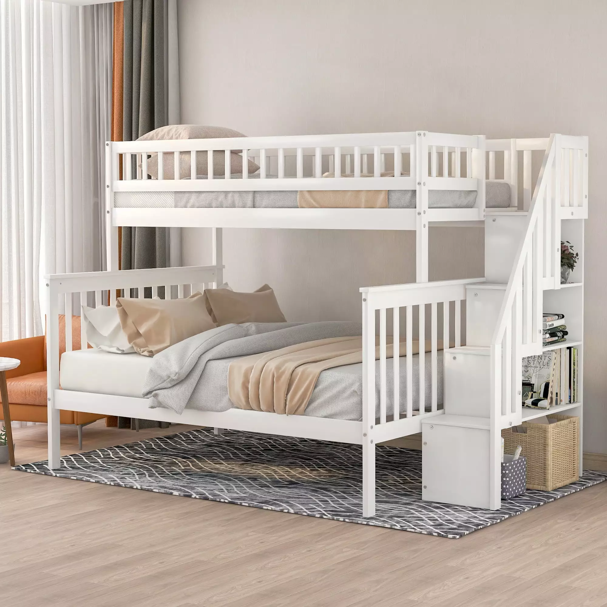 EUROCO Twin over Full Bunk Bed with Storage Shelves for Kids. Storage Staircase for Kids Teens Adults. White