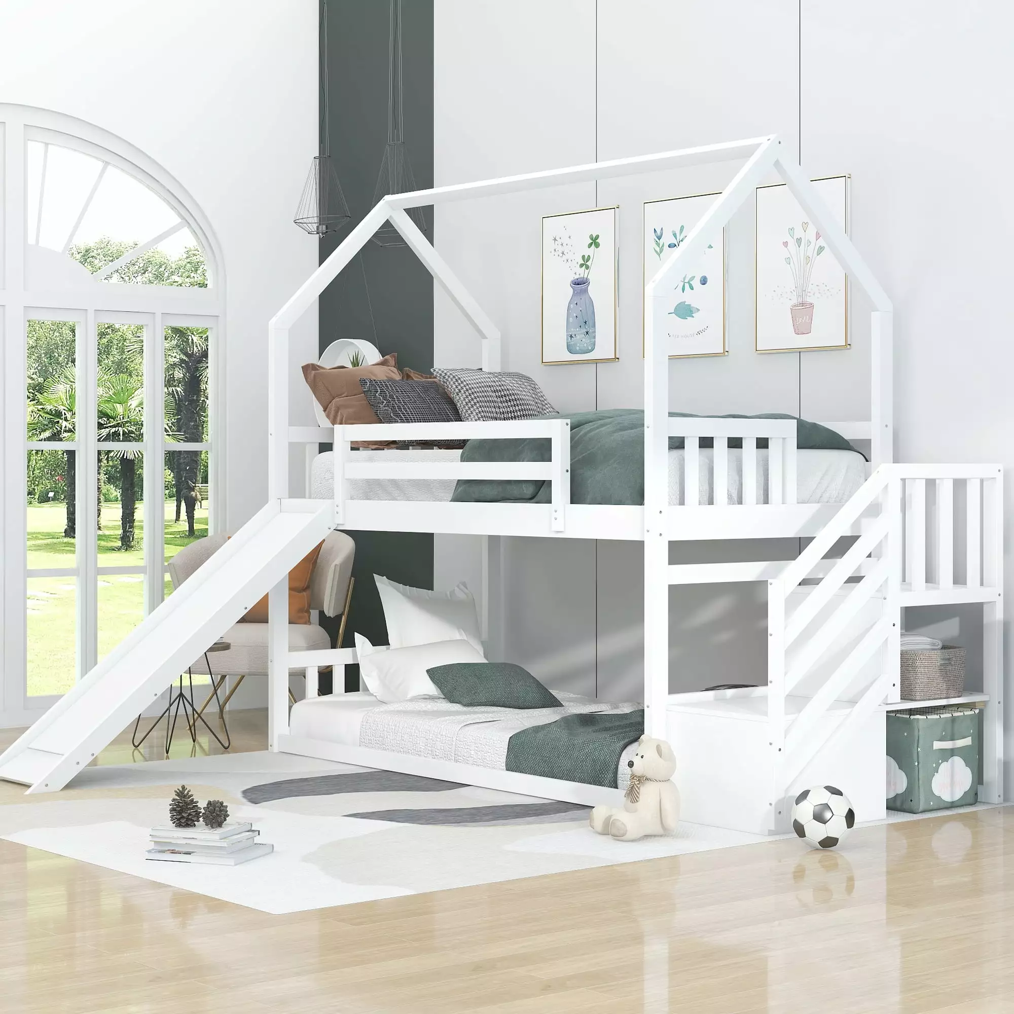 EUROCO Twin over Twin House Bunk Bed with Staircase for Kids Bedroom. Solid Wood Bunk Bed with Storage for Child. White