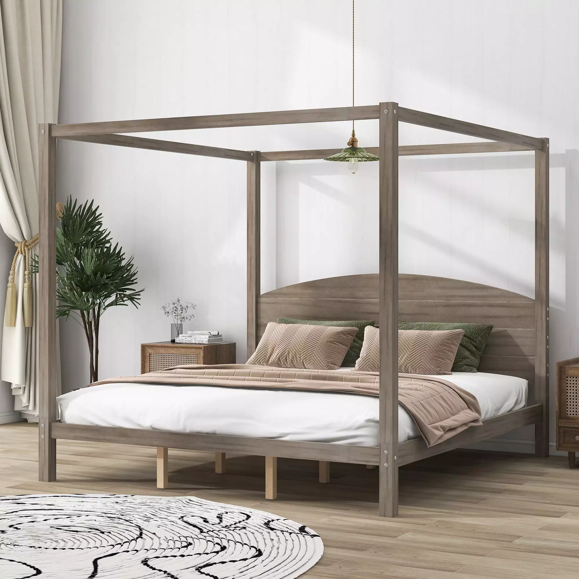 EUROCO Wood King Size Canopy Bed Frame. Solid Wood Platform Bed with Support Legs for Kids Teens Adults. Brown