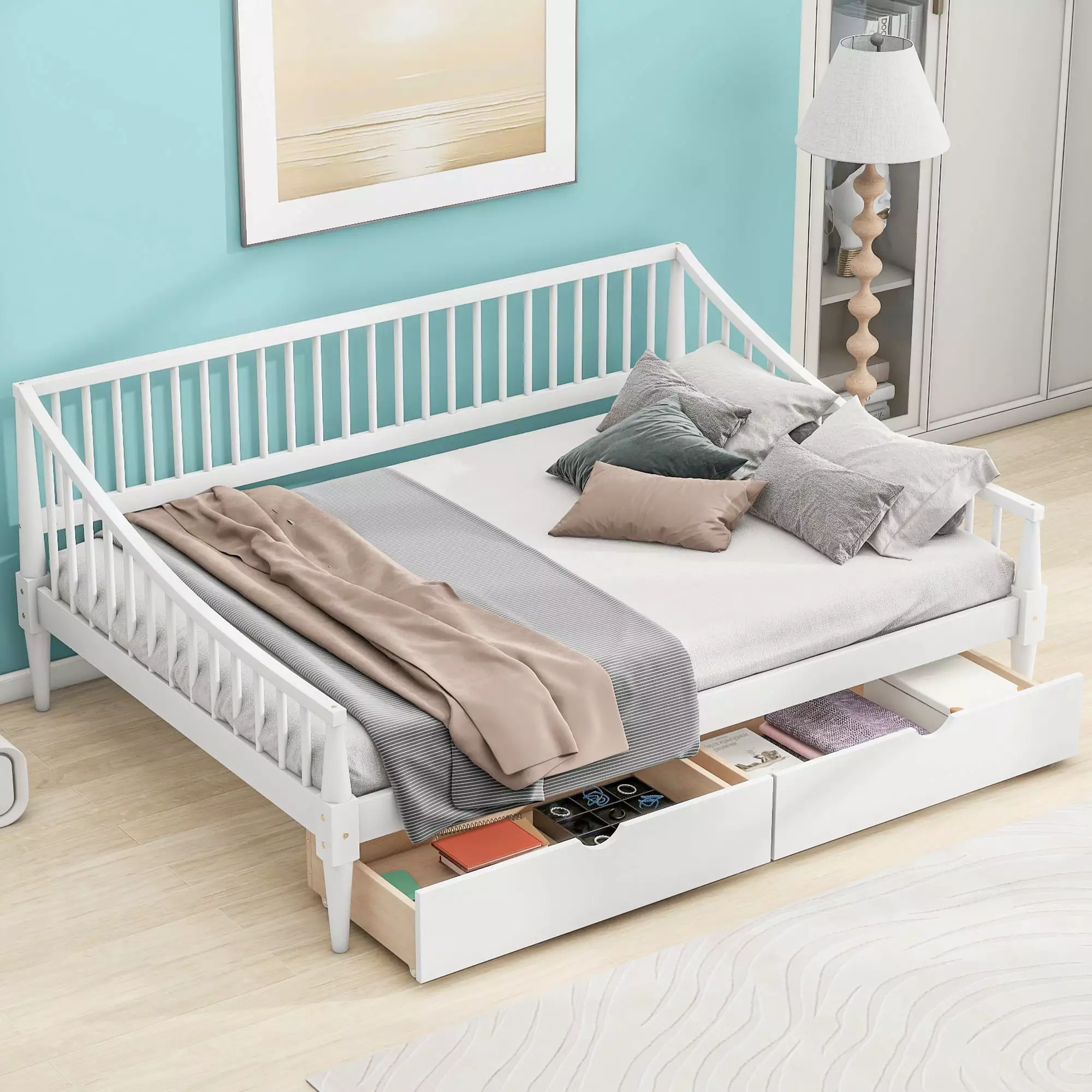 EUROCO Wood Full Size Daybed with Twin Trundle Bed for Kids Teens Adults. Solid Wood Bed Frame with Support Legs. White