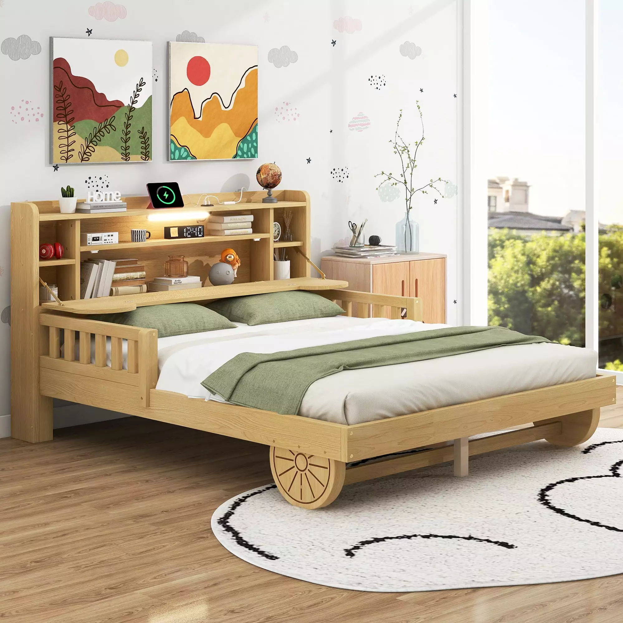 EUROCO Wood Full Size Platform Bed Frame with Storage Headboard. Bear Shaped Car Bed for Kids and Adults. LED Light and USB Charging Station