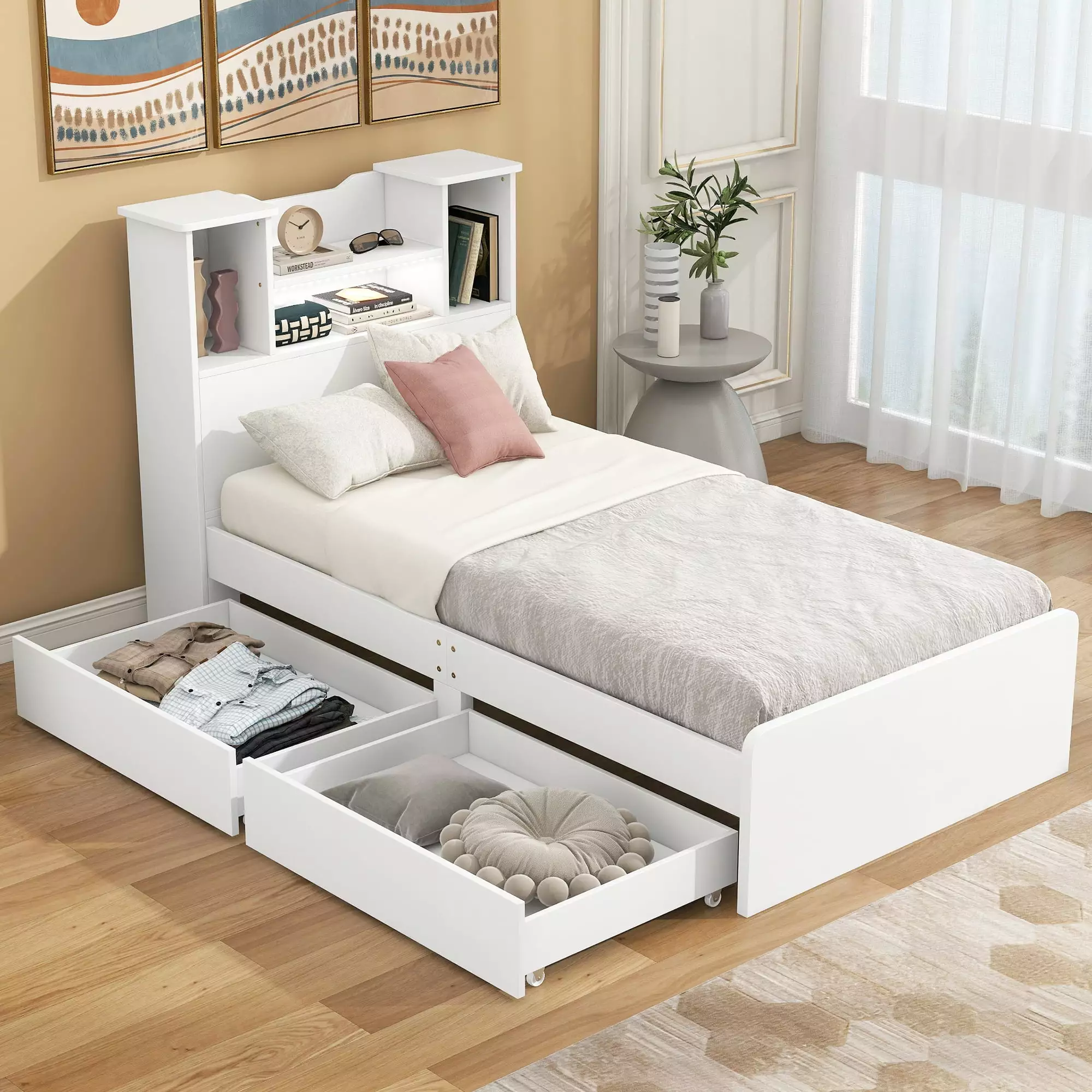 EUROCO Wood Twin Size Platform Bed with Storage Headboard and 2 Drawers. Open Shelf and LED Light for Kids Teens Adults. White