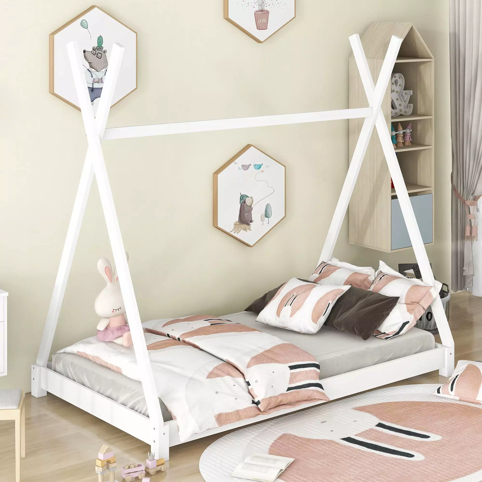 EUROCO Wood x-Shaped Twin Size Bed for Kids. White