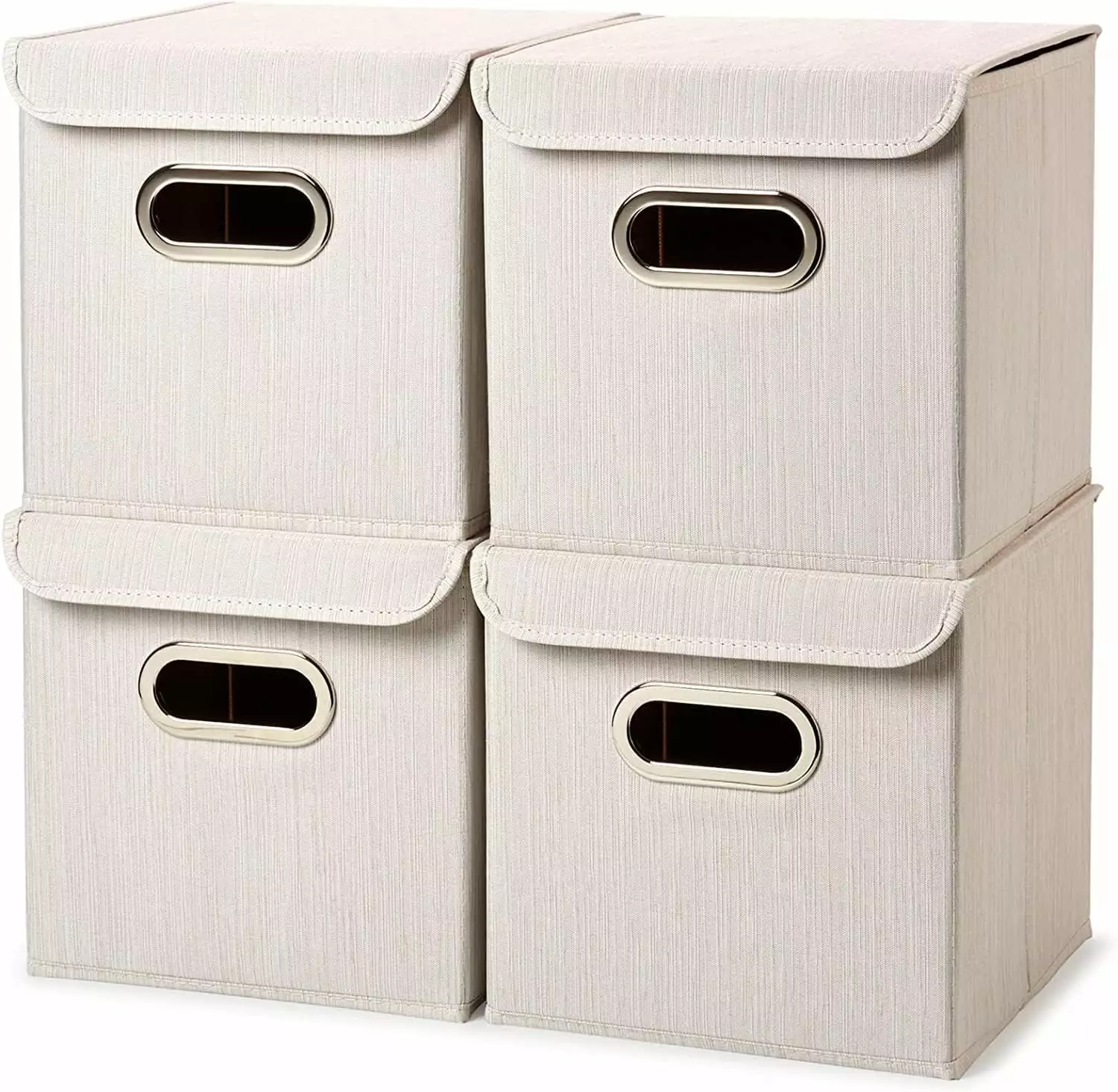 EZOWare 4 pc Cube Storage Basket Bins with Lid. Bamboo Fabric Linen Lidded Fabric Folding Boxes Cubes Containers - Beige. 10 x 10 x 10 inch