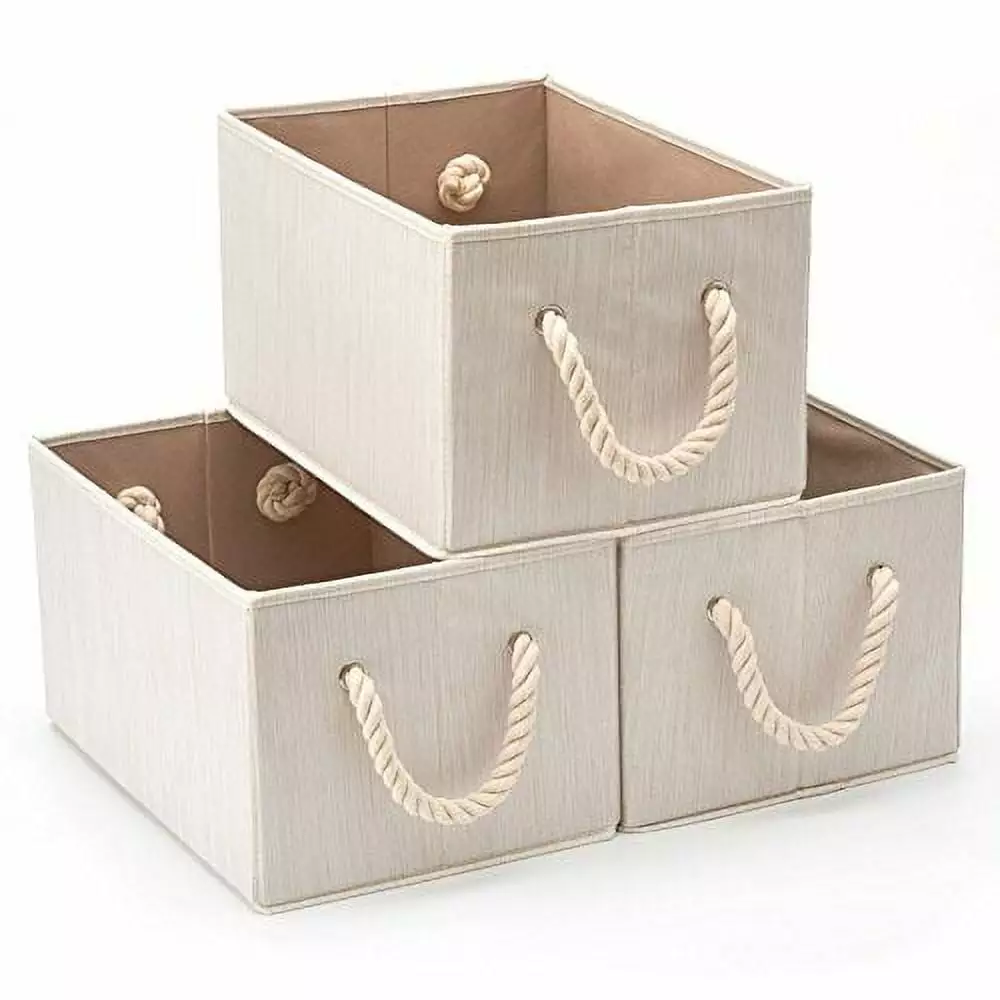 EZOWare Set of 3 Large Shelving Storage Bins Organizer with Cotton Rope Handle. Collapsible Cube Basket Container Box for Shelves Closet Toys and More - Beige