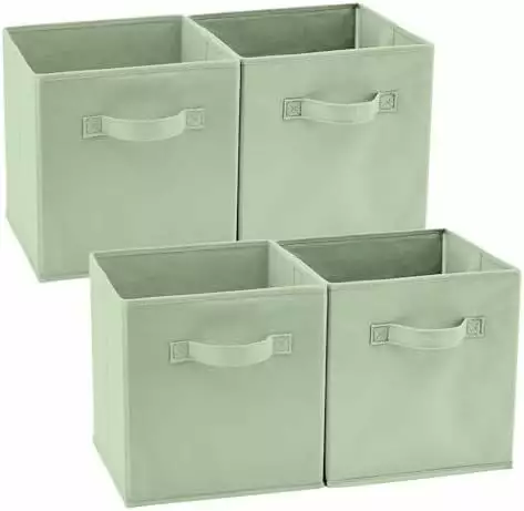 EZOWare Set of 4 Foldable Fabric Basket Bins. Collapsible Storage Organizer Cube 10.5 x 10.5 x 11 inch for Nursery. Playroom. Kids. Living Room - (Pastel Green)