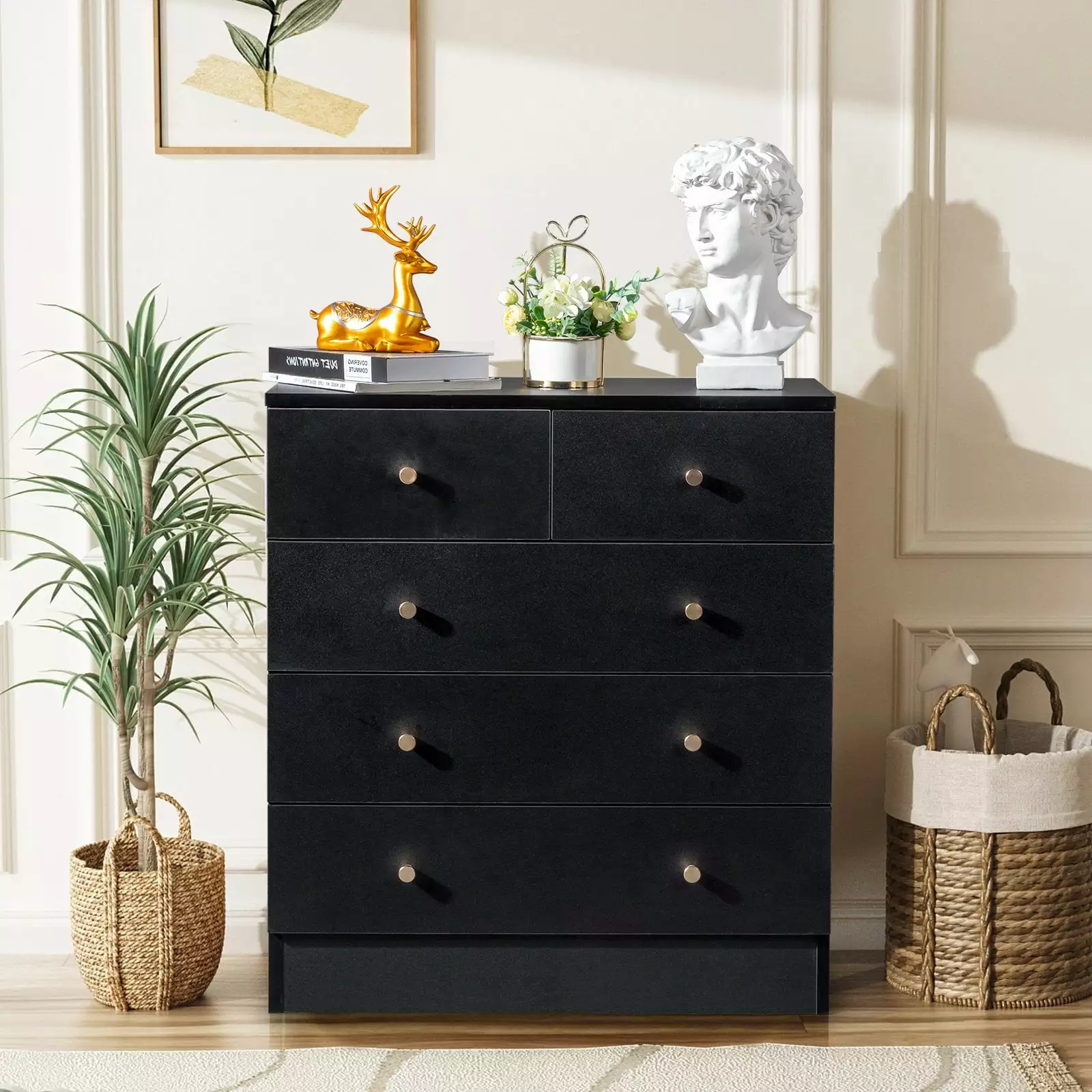 EasingRoom 5-Drawer Wooden Dresser Chests. Modern Wood Chest of Drawers. Versatile Storage Cabinet for Bedroom. Living Room. and Hallway. Black