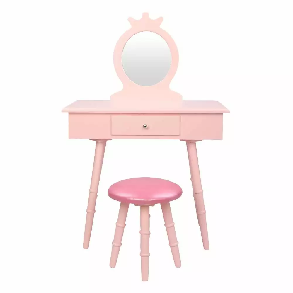 EasingRoom Kids Vanity Wooden Makeup Chair Set with Mirror. Wood Pretend Dressing Table Beauty Makeup Stool Play Set for Children.Pink