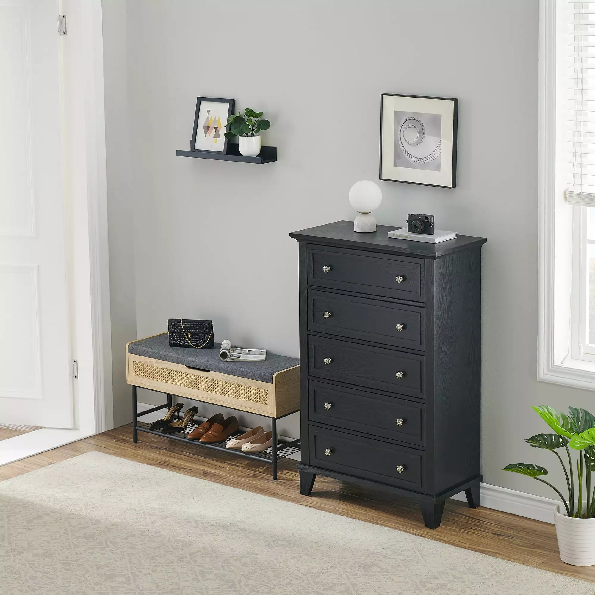 EastVita 5 Drawer Tall Dresser. Wood Chest of Drawers for Bedroom. Modern Farmhouse Storage Dressers Cabinet for Closet. Living Room. Entryway. Home Office