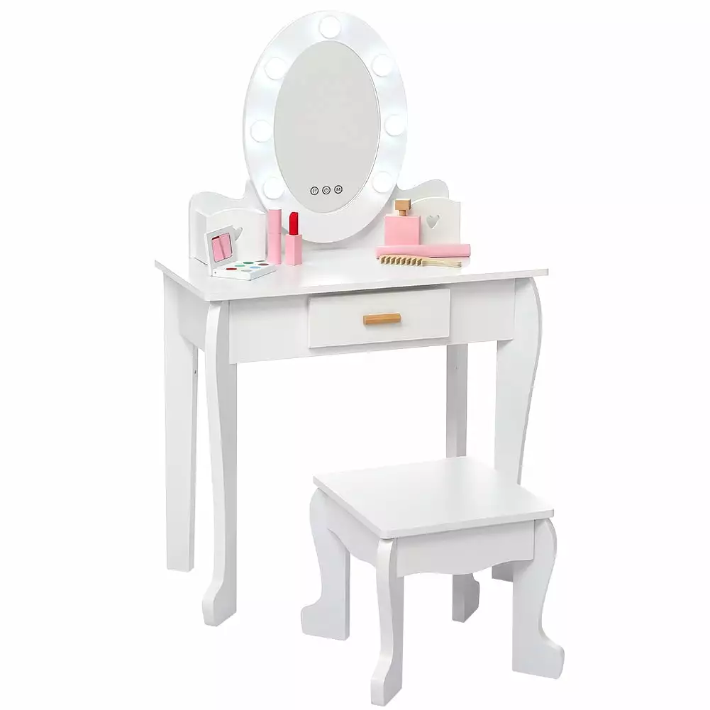 EastVita Kids Vanity Set with Mirror and Drawer Girls' Vanity Table and Chair Set with Wood Makeup Playset Perfect for 3-9 Age+ White