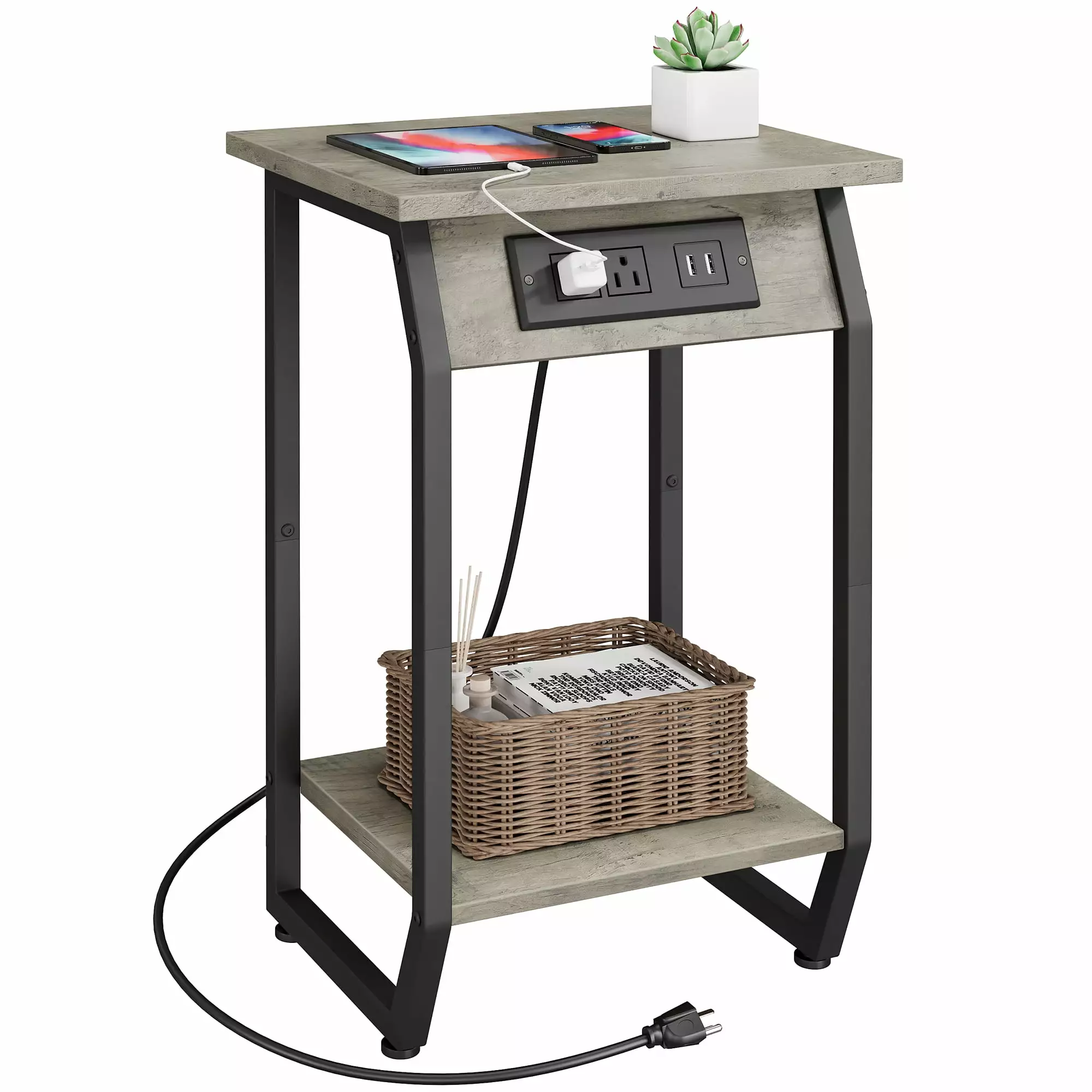 EastVita Side Table with Charging Station. Vintage End Table with USB Charging Ports and Outlets for Small Space in Living Room & Bedroom. Sturdy Bedside Nightstand