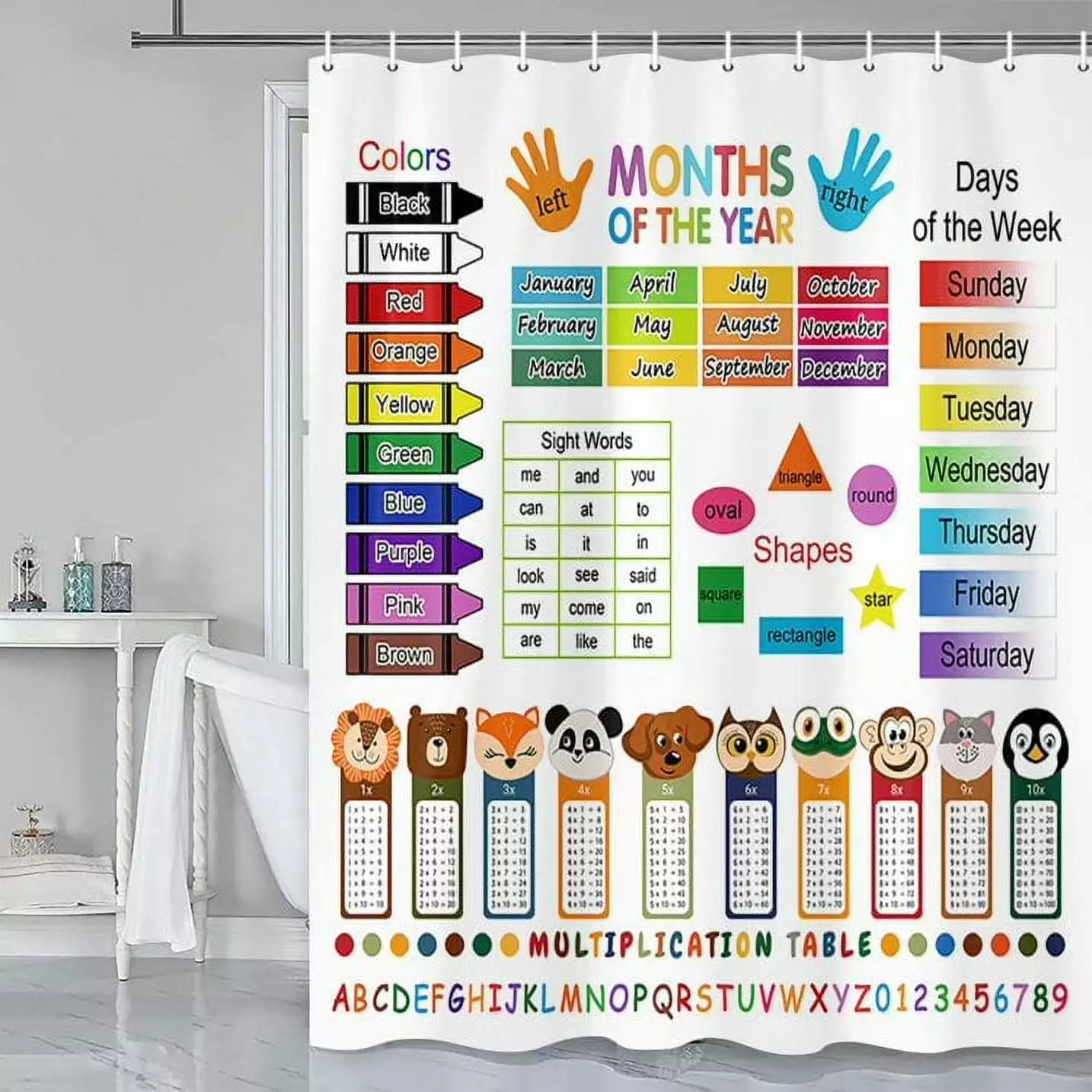 Educational Shower Curtain for Kids. ABC Learning Shower Curtain. Baby Kids Cartoon Theme Waterproof Fabric Bathroom Decor Sets. Colorful Multiplication Table Shower Curtain with Hooks.70X70IN