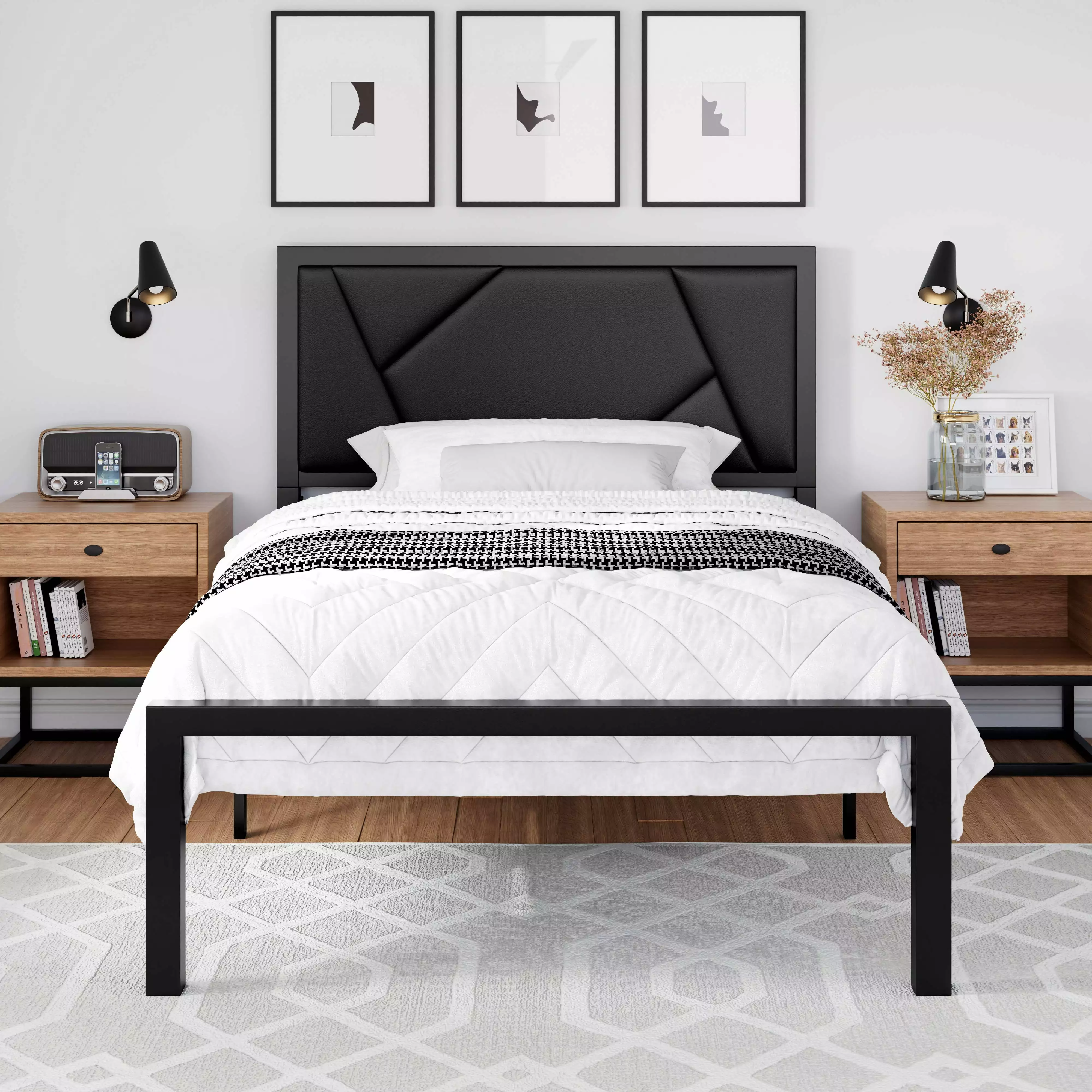 Einfach Twin Size Bed Frame with Leather Upholstered Headboard. Black