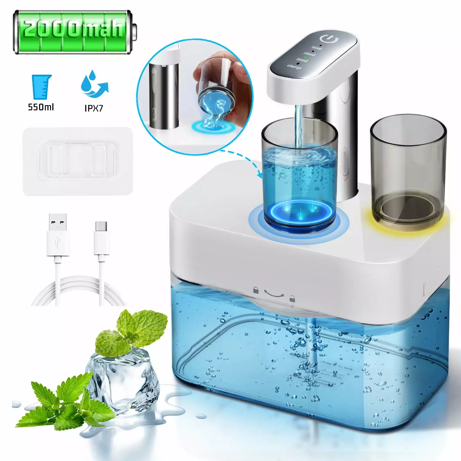 Electric Automatic Mouthwash Dispenser Touchless with 2 Magnetic Cups. USB Rechargeable Wall Mounted Mouth Wash Dispenser with Self-Cleaning Mode for Bathroom (18.6 Fl Oz)