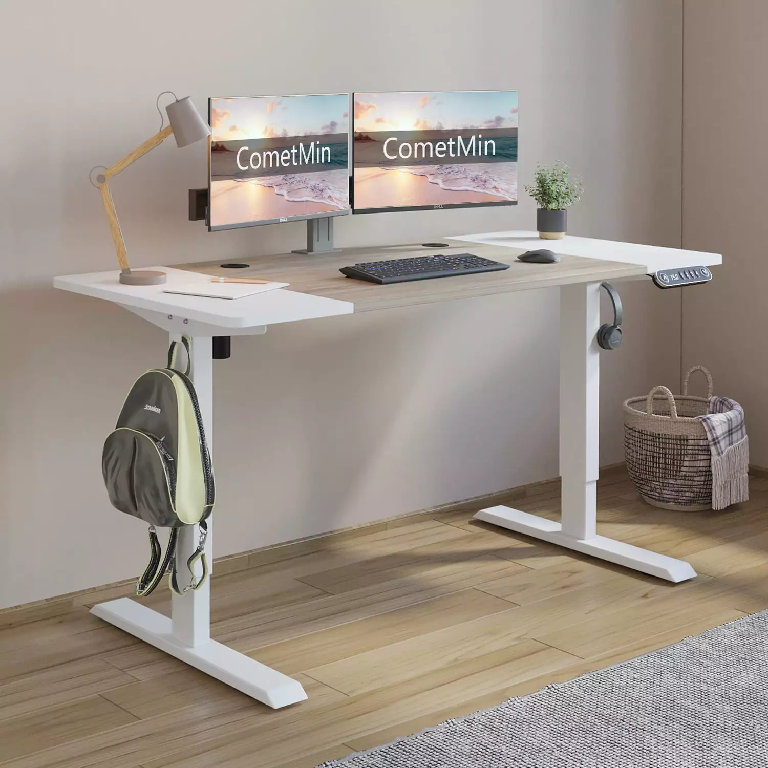 Electric Height Adjustable Standing Desk. 55 x 24 Inches Stand Up Desk Workstation. Splice Board Home Office Computer Standing Table Ergonomic Desk (White Frame + 55 White+Maple Top)