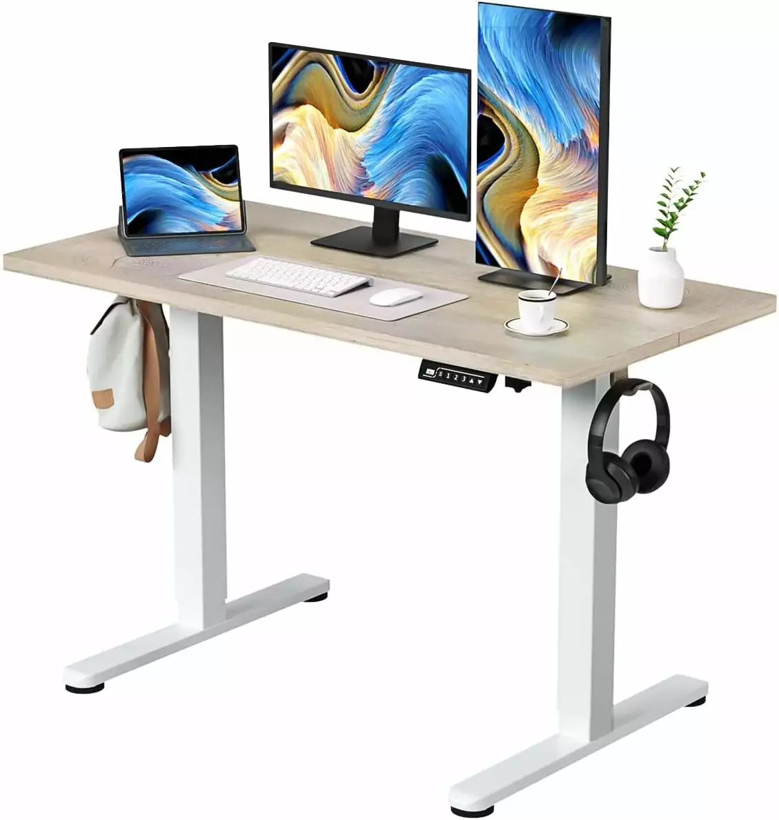 Electric Standing Desk. 48 X 24 Inches Adjustable Height Desk. Modern Sit Stand Up Desk with Splice Board and 2 Hooks. Ergonomic Rising Desk for Home Office. Oak Wood Grain