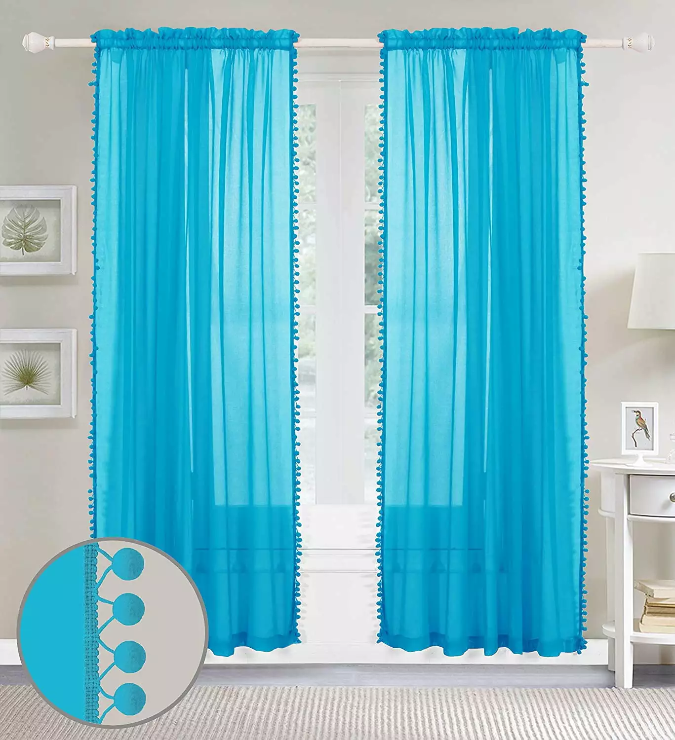 Elegant Comfort 2 Piece Pom Pom Curtains Polyester Blue 1500 Thread Count