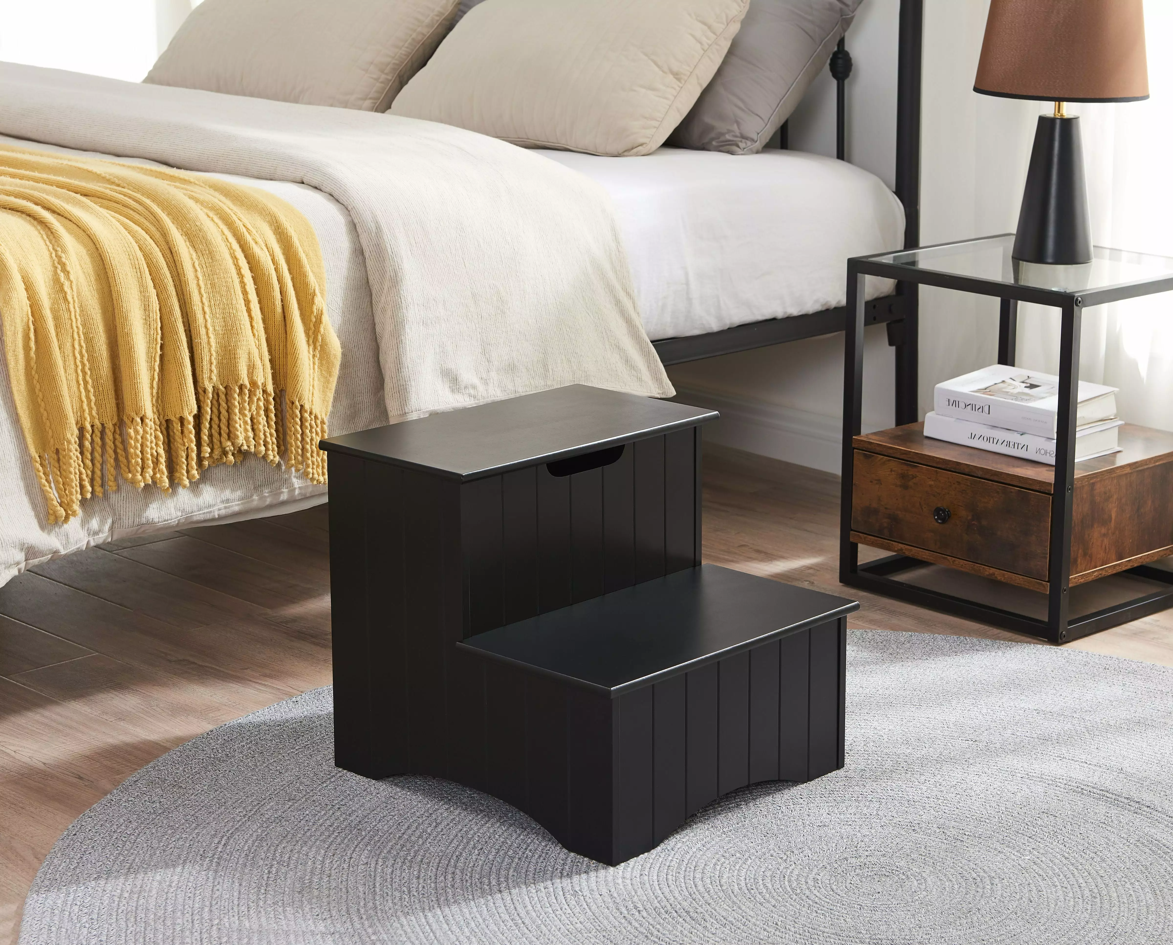 Elgin Contemporary Wooden Bedroom Step Stool with Storage. Black