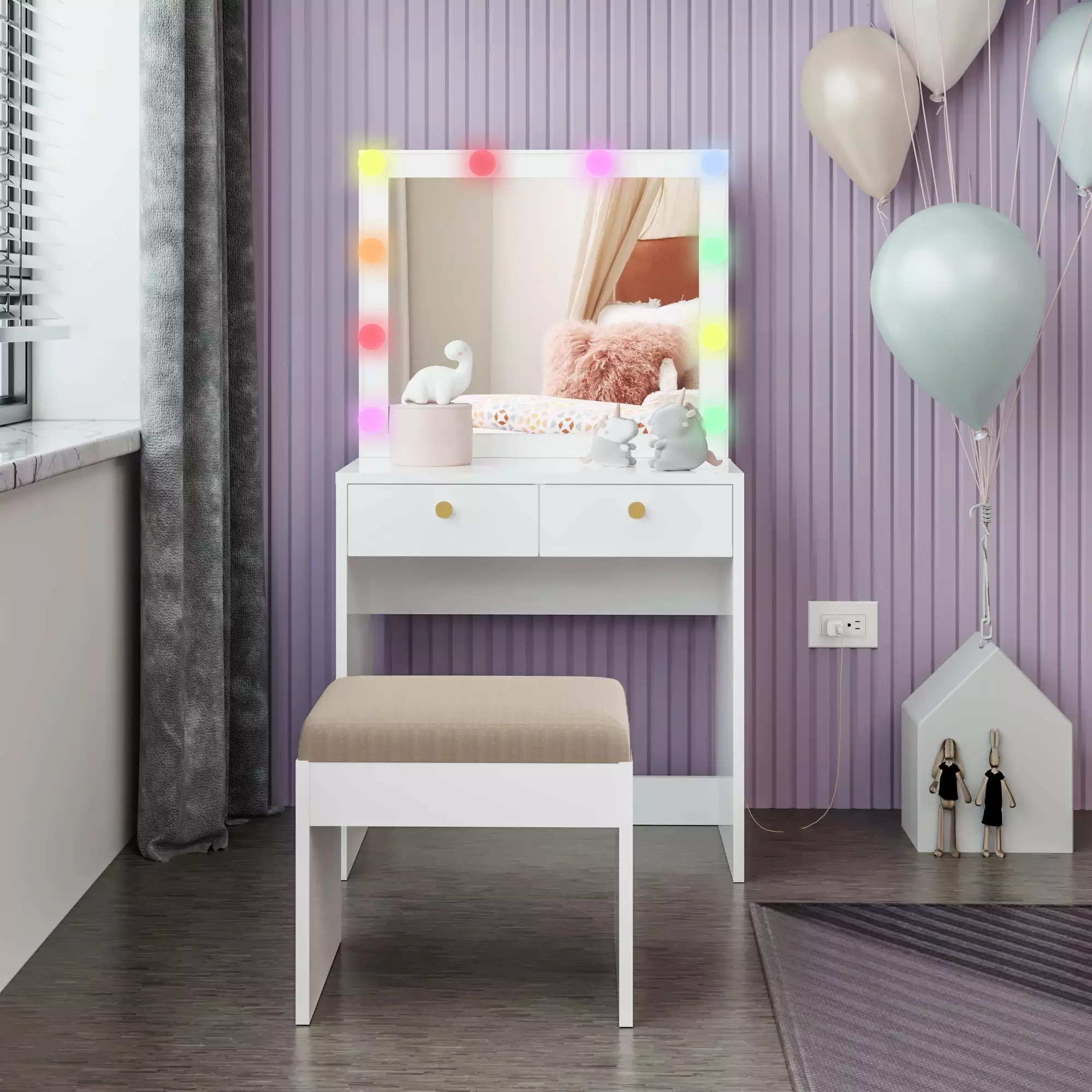 Ember Interiors Kids Vanity Table and Chair Set with 10 Add-on Color Lights. Golden Knobs. White