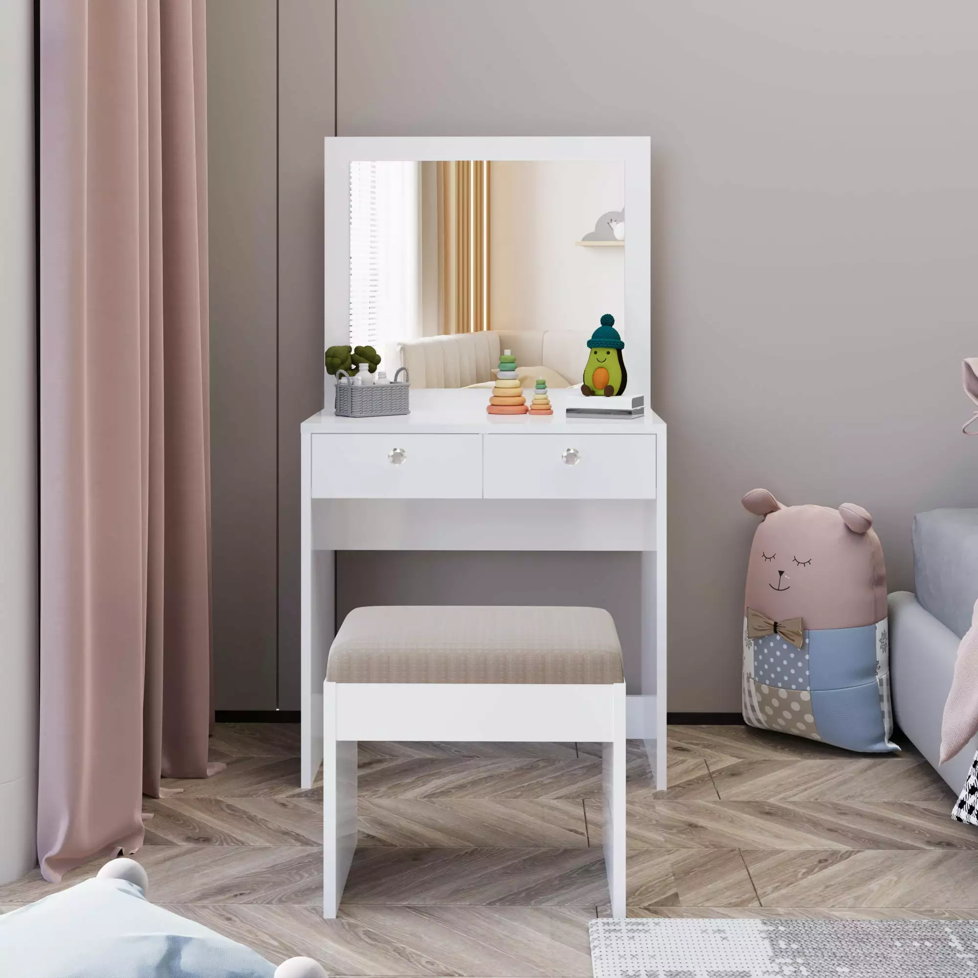 Ember Interiors Little Girl Vanity Set with Chair and Mirror. 2 Drawers. Crystal Knobs. White