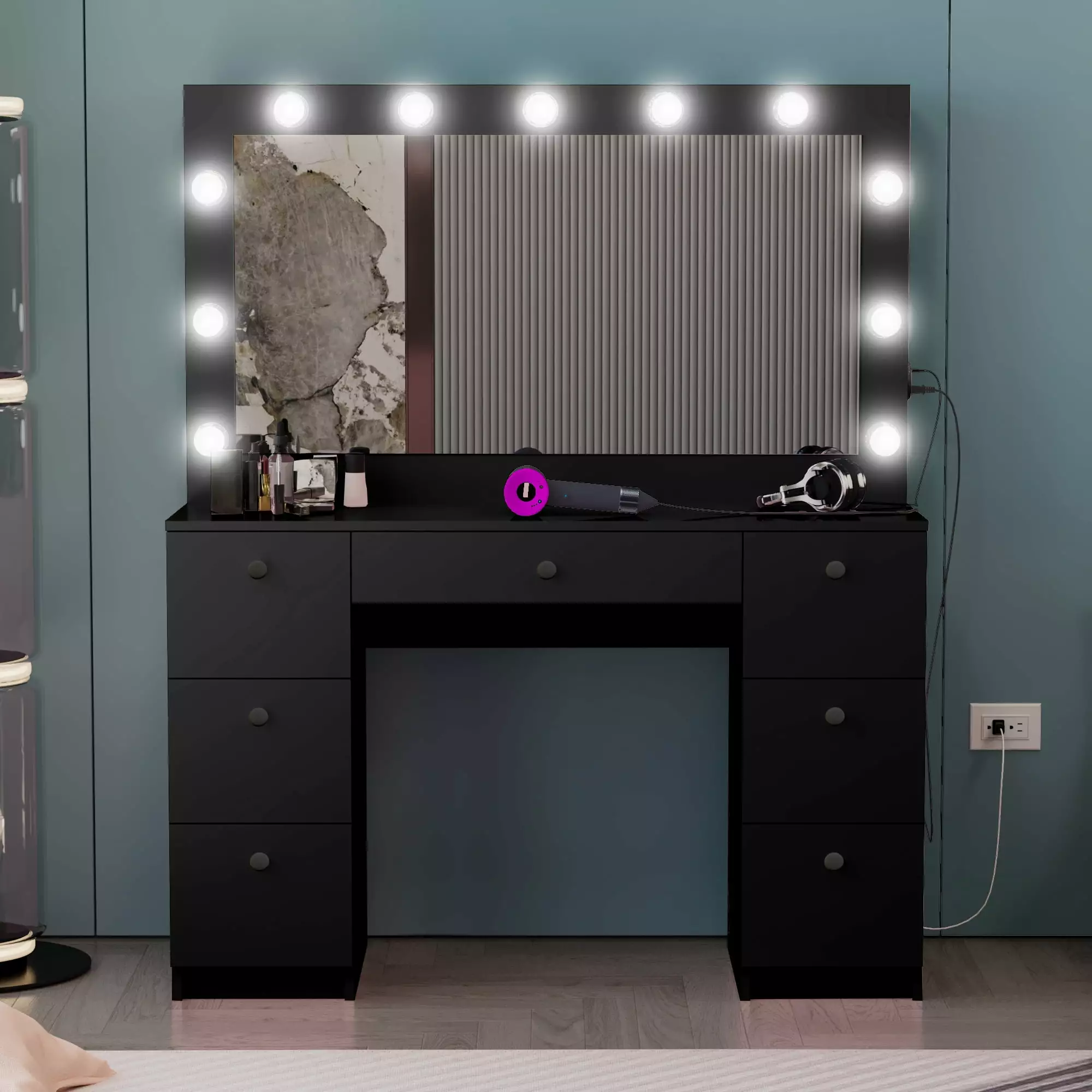 Ember Interiors Tammy Modern Black Painted Vanity Table. Lights. for Bedroom