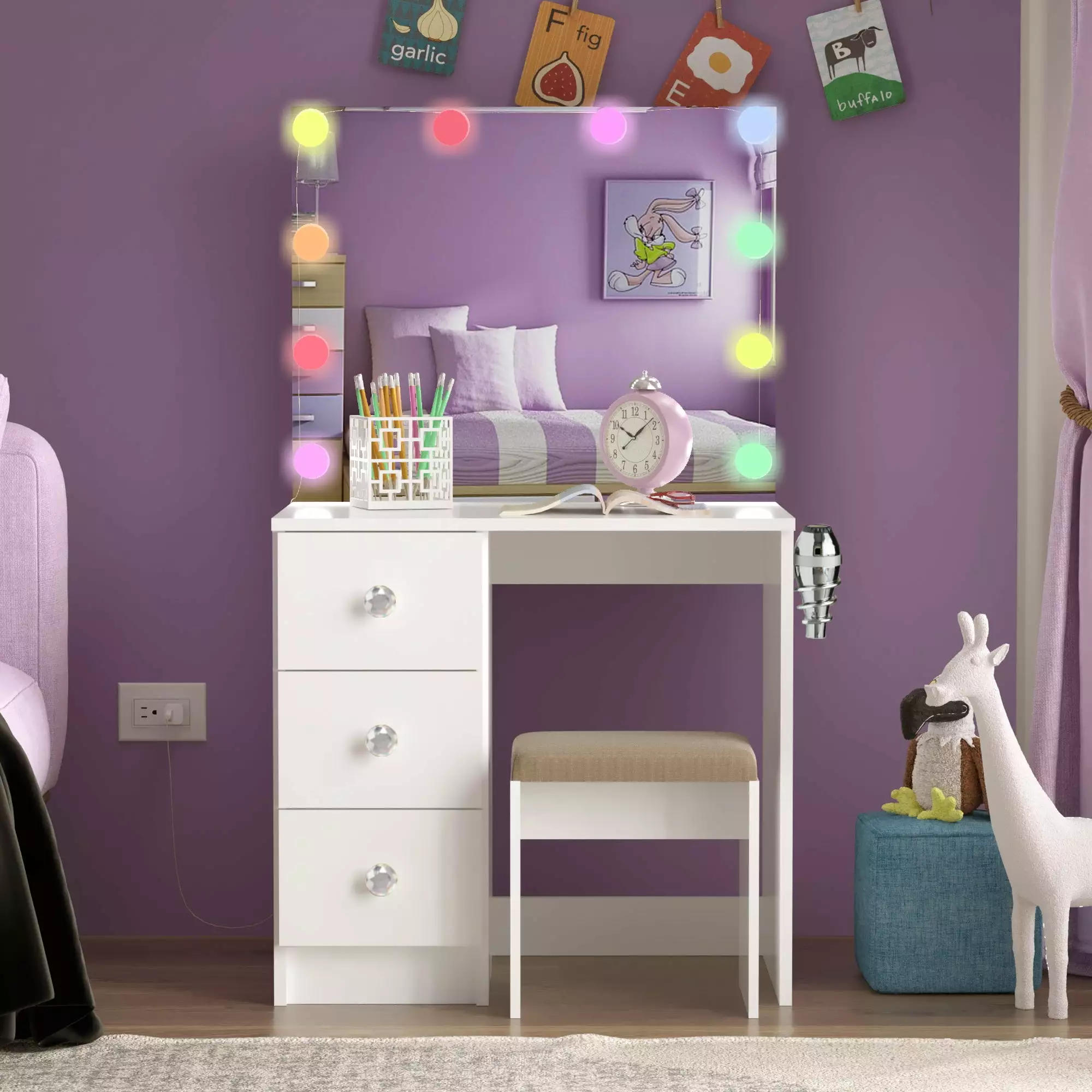 Ember Interiors Vanity Desk for Kids with Mirror. 3 Drawers. Lights. Chair.Crystal Knobs. White