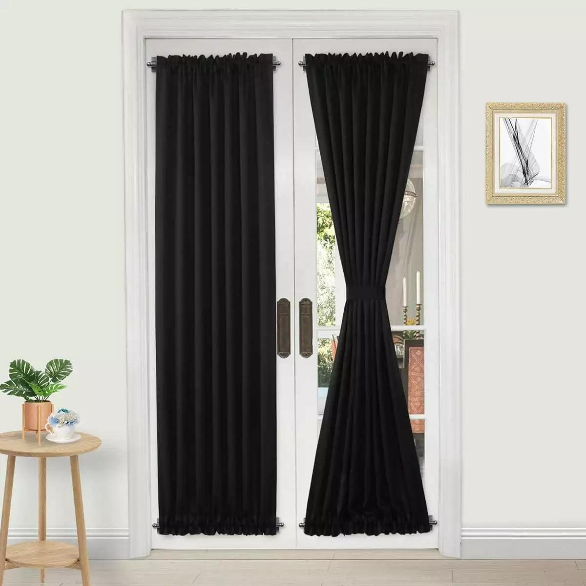 Emlimny French Door Curtains ?C Rod Pocket Thermal Blackout Curtains for Doors with Glass Window. Kitchen and Patio Doors. Privacy. 25 X 72 Inches Long. 1 Curtain Panel with Ties. Black