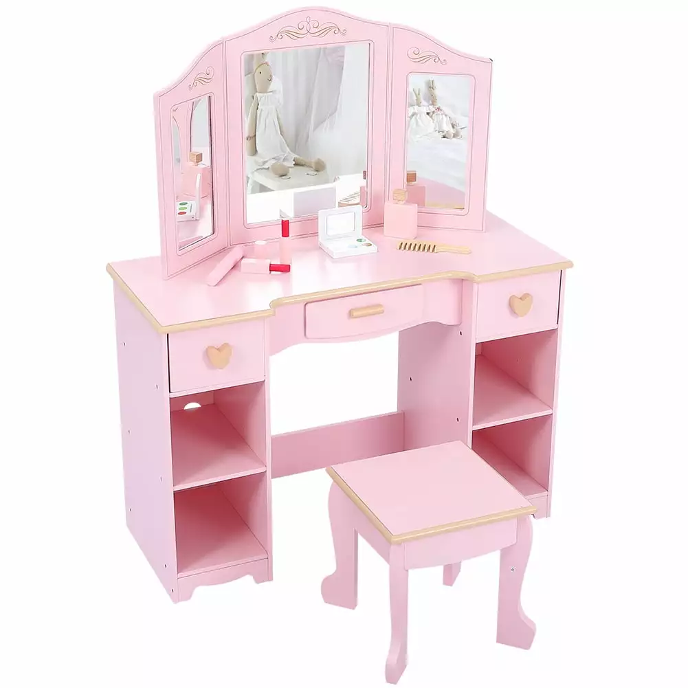 Emorefun Kids Makeup Dressing Table With Tri-Fold Removable Mirror and Drawers .Girls' Vanity Table and Stool Set With Wood Makeup Playset .Pink