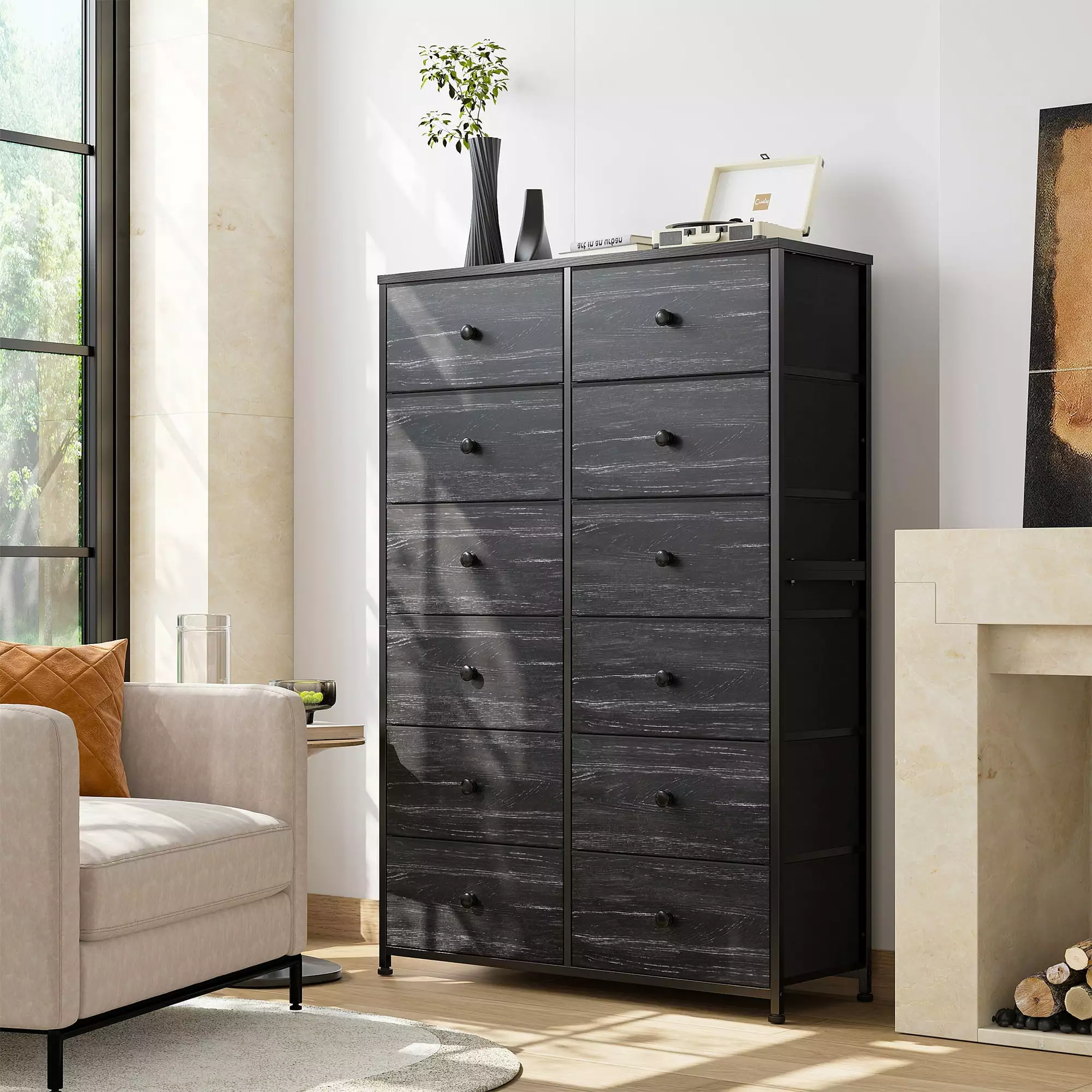 EnHomee Black Tall Dresser for Bedroom 12 Drawer Dressers Fabric Chest of Drawers Black Dresser with 12 Drawers Large Dresser Drawer for Closet Bedroom Livingroom Modern Storage Tower Unit Black