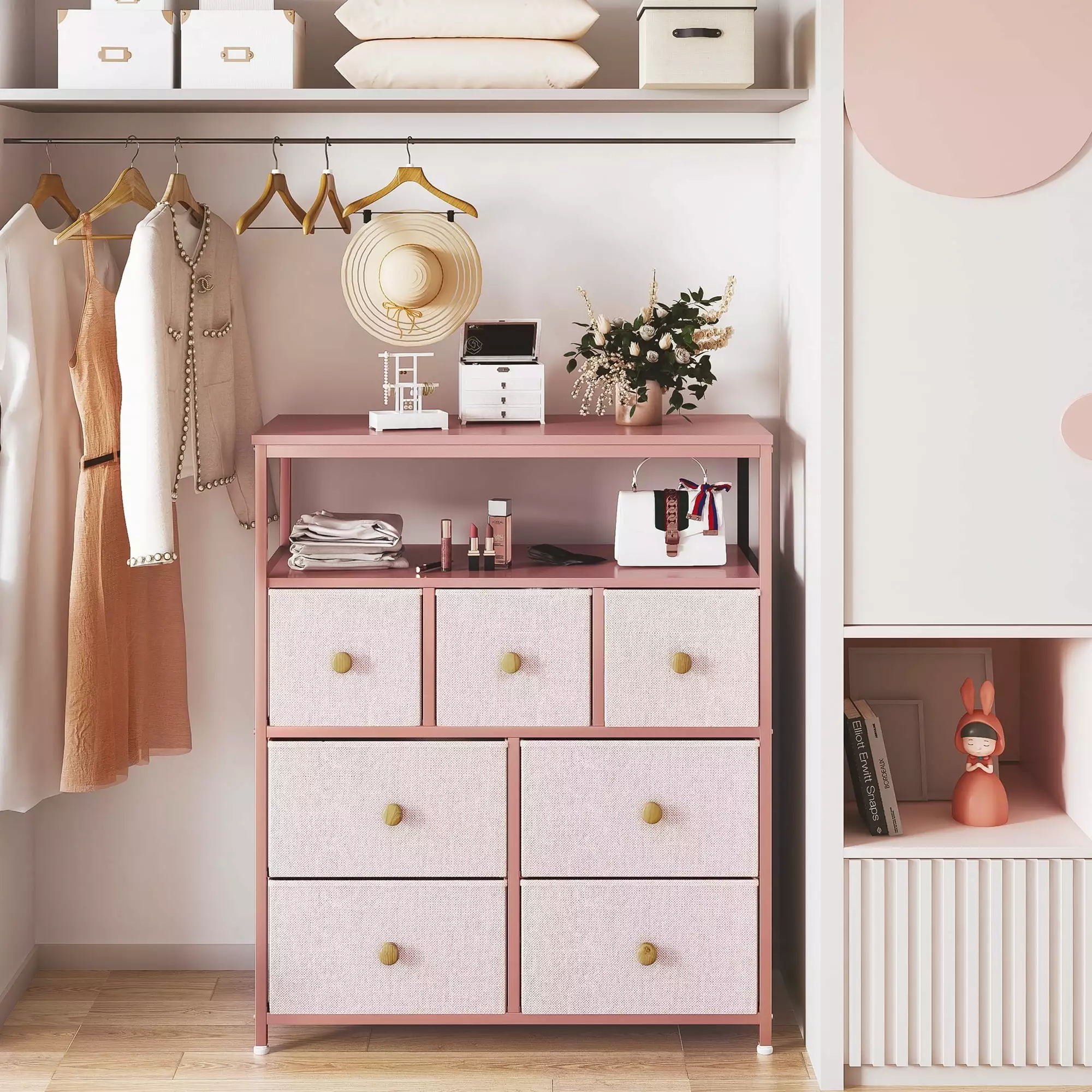 EnHomee Dressers for Bedroom with 7 Drawers Pink Dresser for Girls Fabric Chest of Drawers with Wood Shelves Portable Storage Tower Small Dresser for Living Room Nursery Guest Room