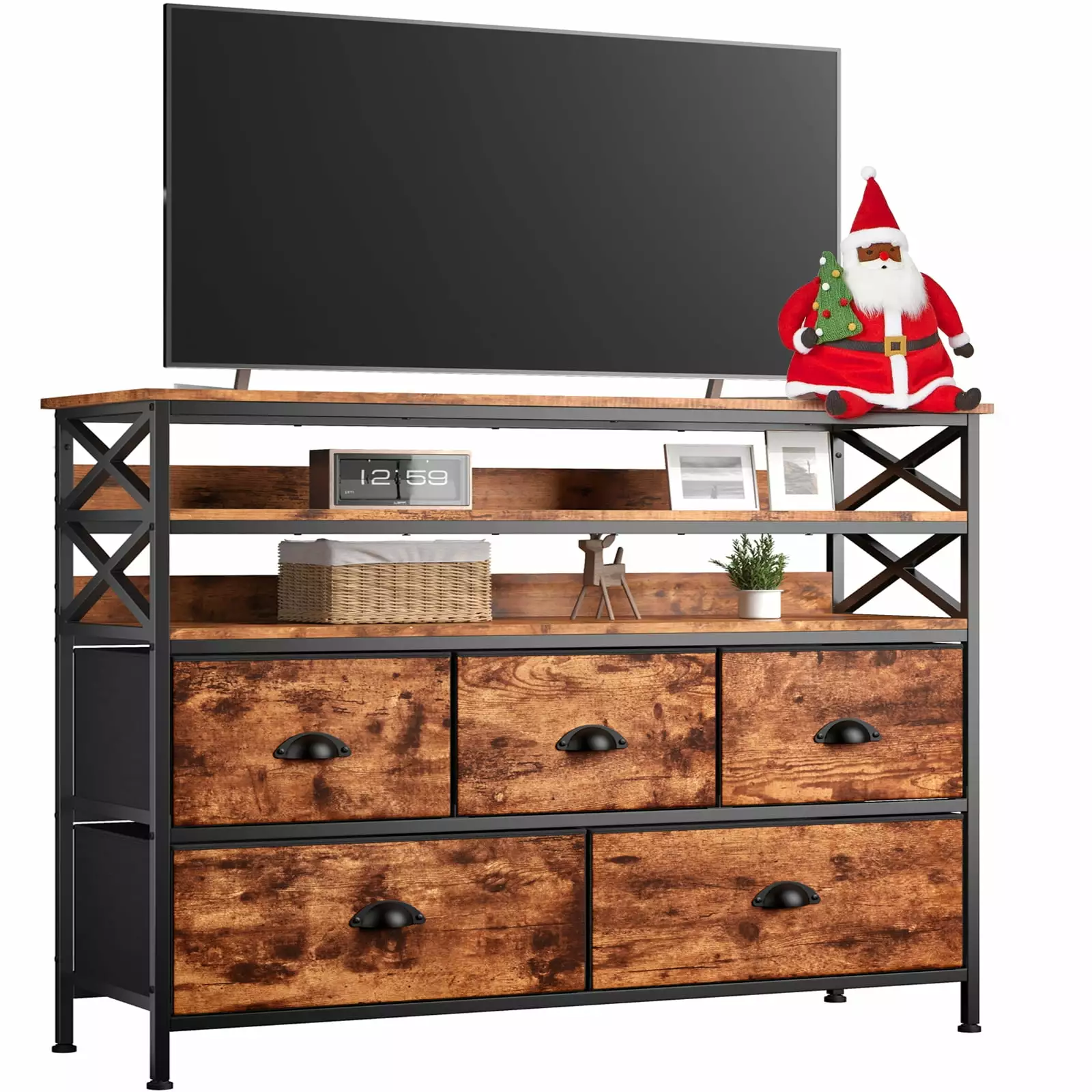 EnHomee Wide Dresser TV Stand for Bedroom 5 Drawer Dresser for Bedroom with Wood Shelves Entertainment Center with Fabric Drawers TV Dresser for Closet Living Room. Rustic Brown