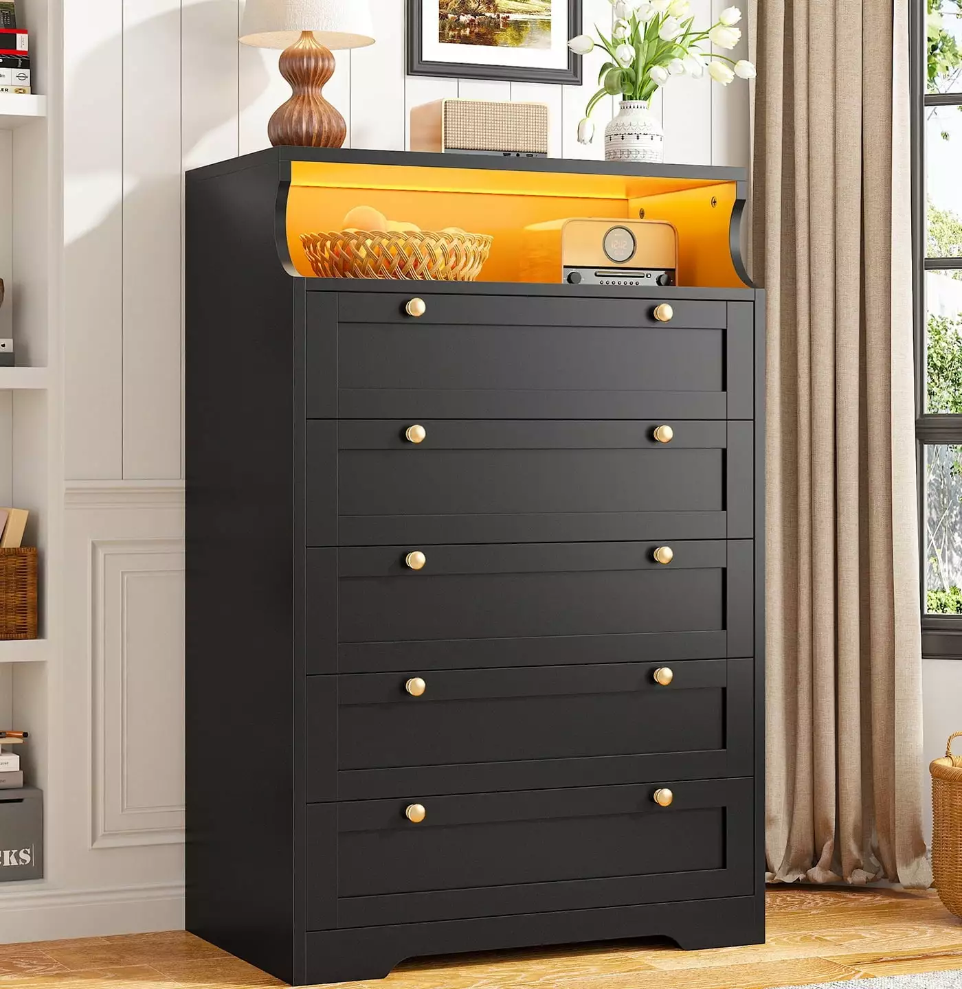 EnHomee Wood Black Dresser with 5 Deep Drawer 31.7L x 48.6H Large Dressers for Bedroom with Led Light & Open Shelf Tall Chest of Drawer Modern Bedroom Furniture Storage Dresser for Living Room