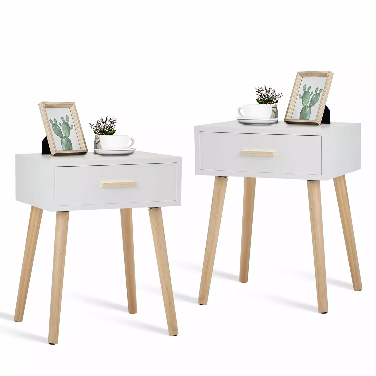 End Table Set of 2. Modern Bed Side Table Nightstand with Drawers and Solid Wood Legs. Bedside Table for Bedroom. White