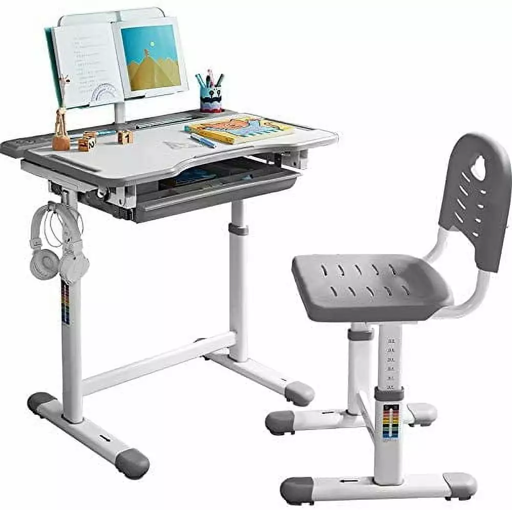 Ergonomic Kids Study Desk and Chair Height Adjustable School Student Study Desk with Tilt Desktop. Book Stand. Cup Holder. Steel Hook. Storage Drawer and Height Adjustable Chair Set