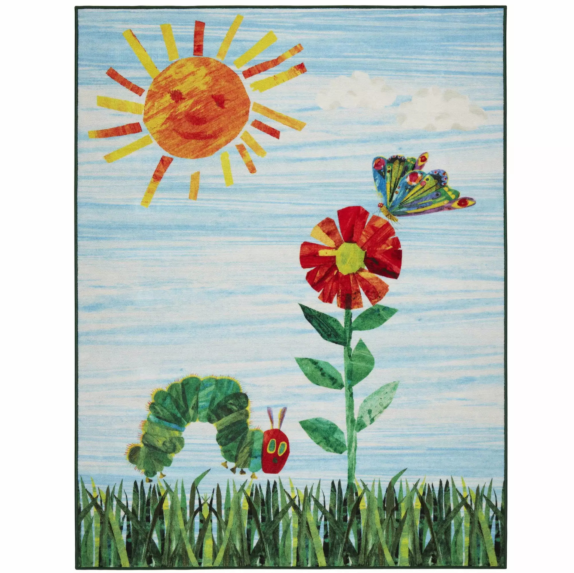 Eric Carle The Very Hungry Caterpillar Elementary Sun Scene Kids Machine Washable Area Rug. Blue/Green. 35x51