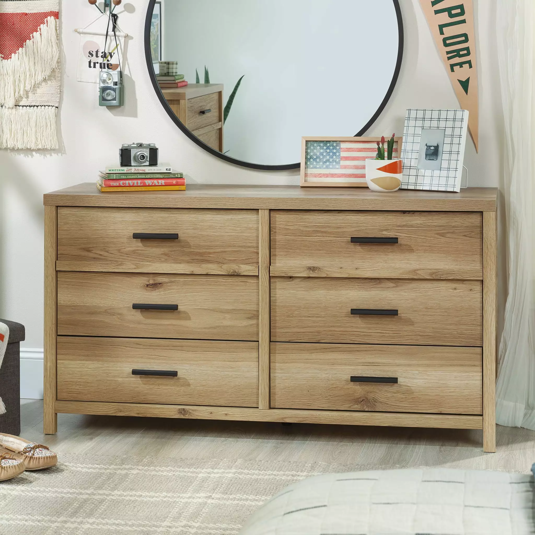 Erie Collection by Sauder 6-Drawer Bedroom Dresser. Timber Oak Finish