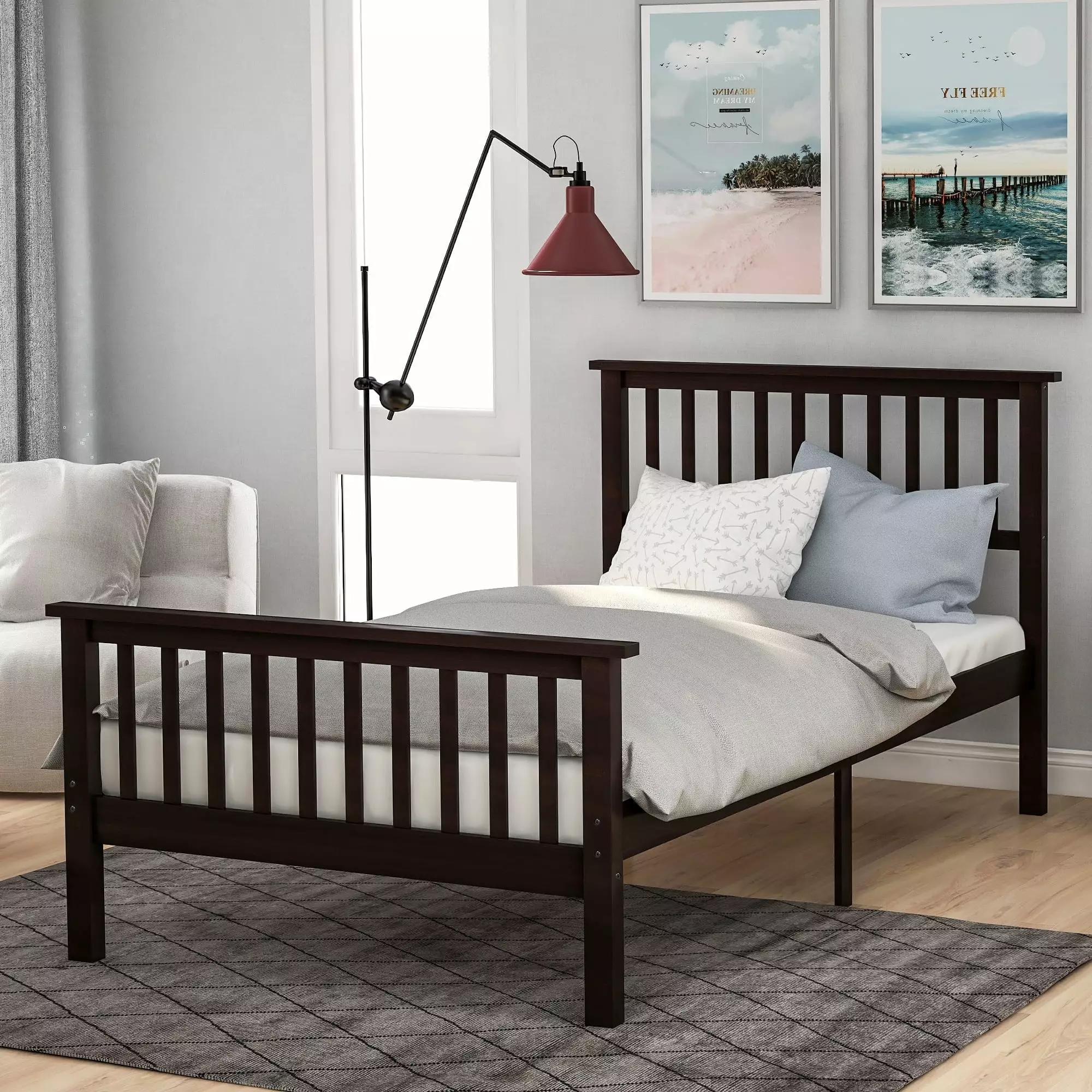 Espresso Twin Bed Frame. Wood Twin Platform Bed Frame with Headboard and Footboard. Modern Twin Bed Frame Bedroom Furniture with Solid Wood Slat for Kids Adults Teens. No Box Spring Needed. L4228