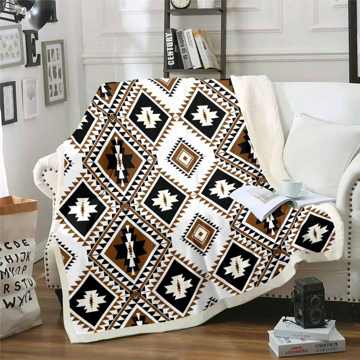 Ethnic Bohemian Sherpa Blanket For Bed Couch Throw 50X60 Western Boho Aztec Throw Blanket Southwestern Fleece Blanket Exotic Mexican Geometric Diamond Warm Cozy Flannel Blanket Black White Brown