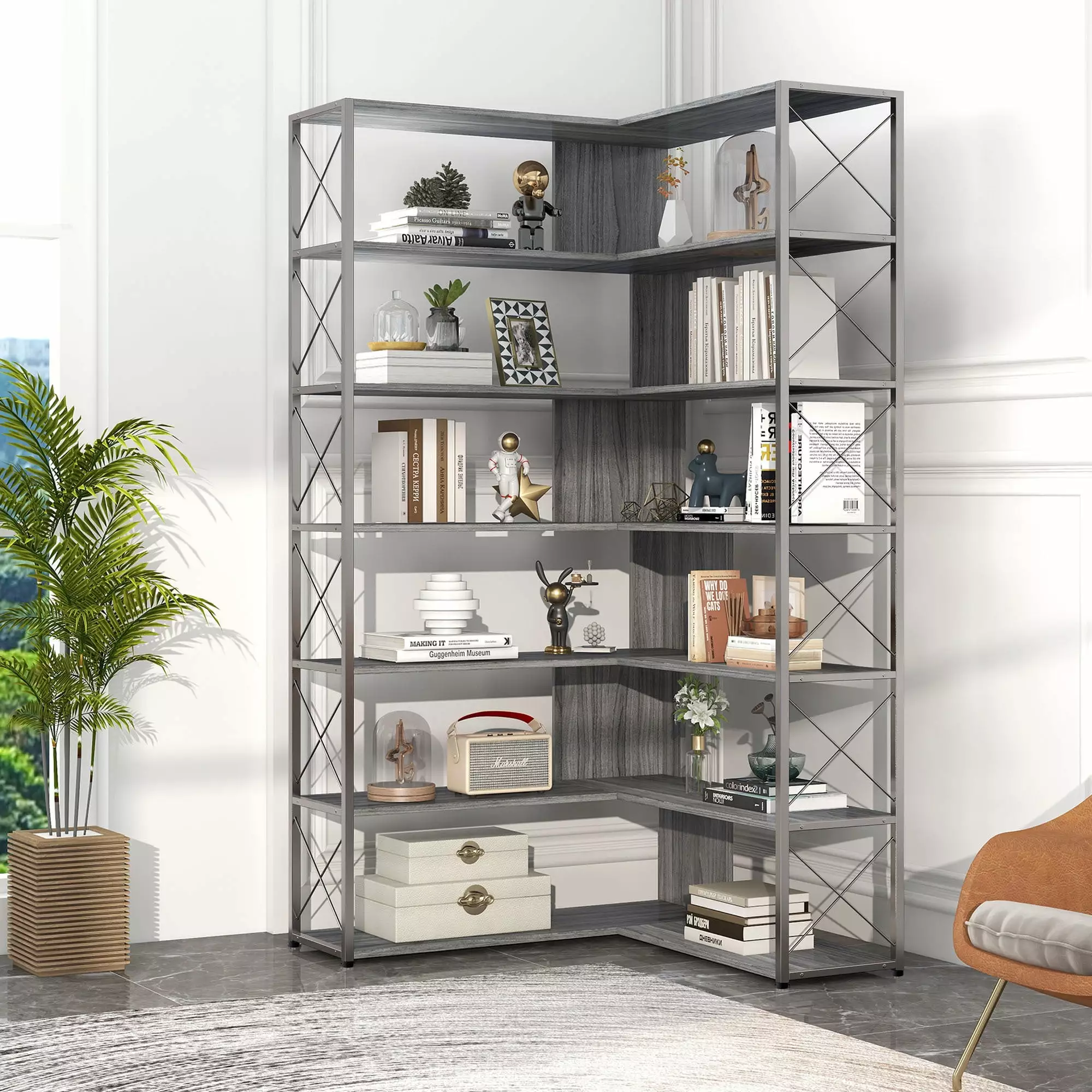 Euroco 7-Tier Bookshelf with Metal Frame. L-Shaped Corner Bookcase with Open Storage. Industrial Style Wood Bookshelf. Gray