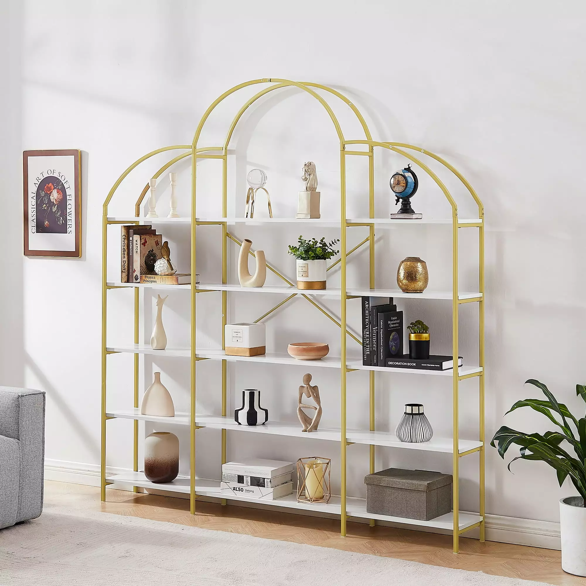 Euroco 75 Display Shelf 5-Tier Bookcase Home & Office. Bookshelf with Round Top. Gold Metal Frame