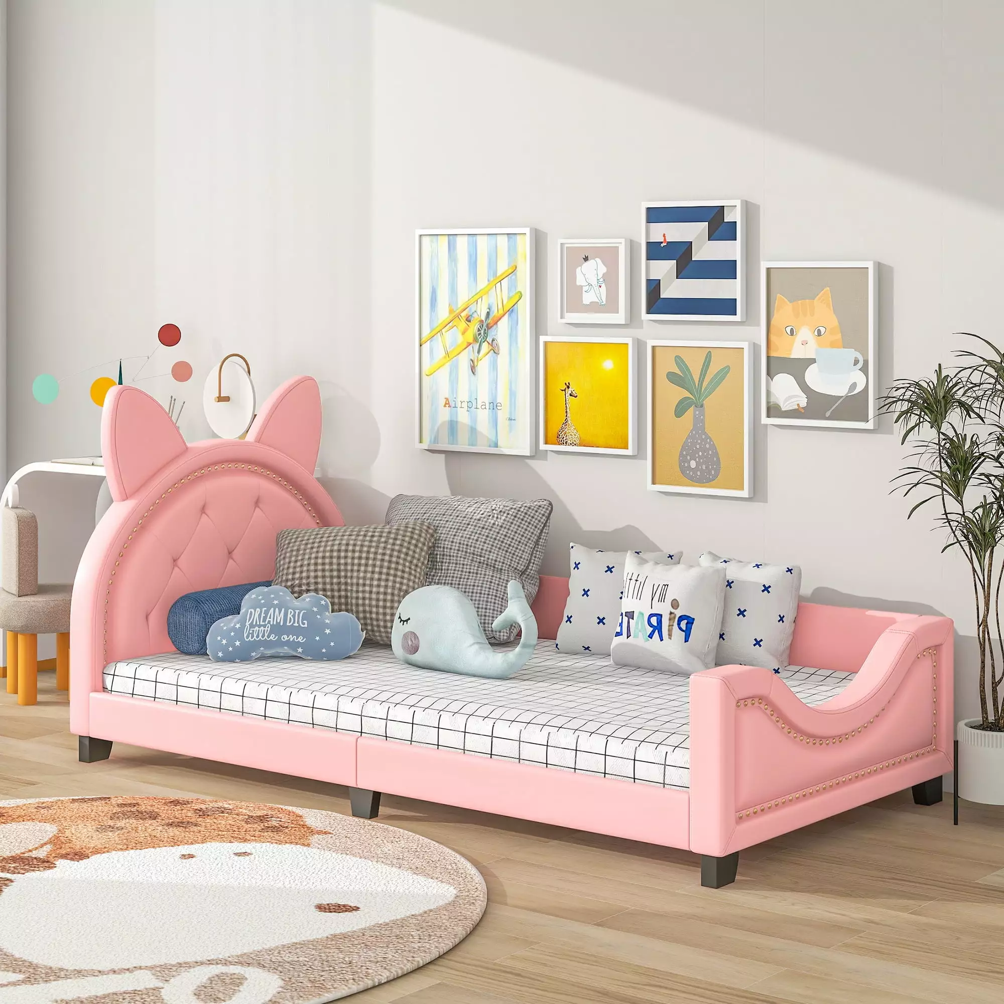 Euroco Bunny Shaped Twin Size Upholstered Daybed with Headboard for Kids. Pink