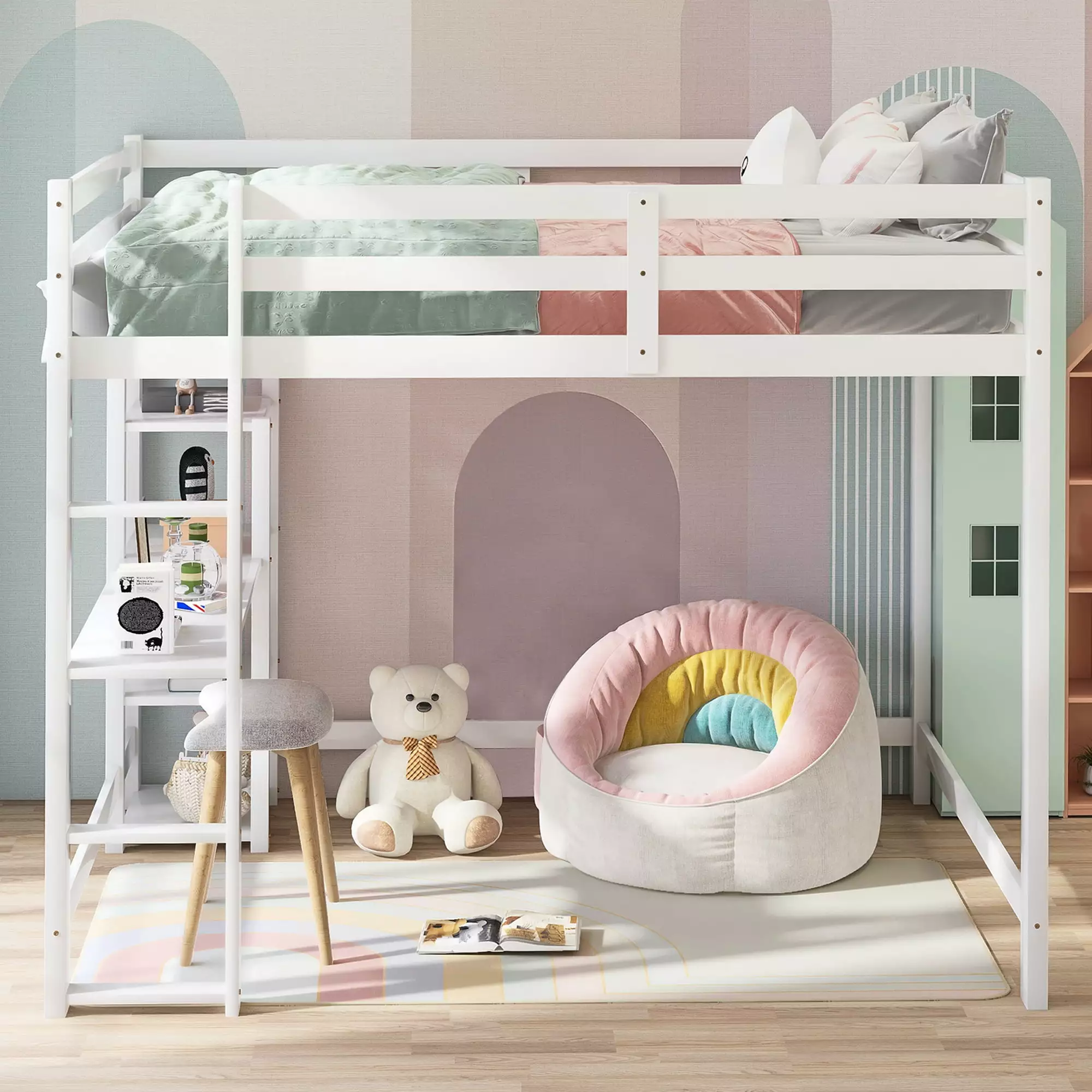 Euroco Full Loft Bed with Built-in Desk and Shelf for Kids Bedroom. White