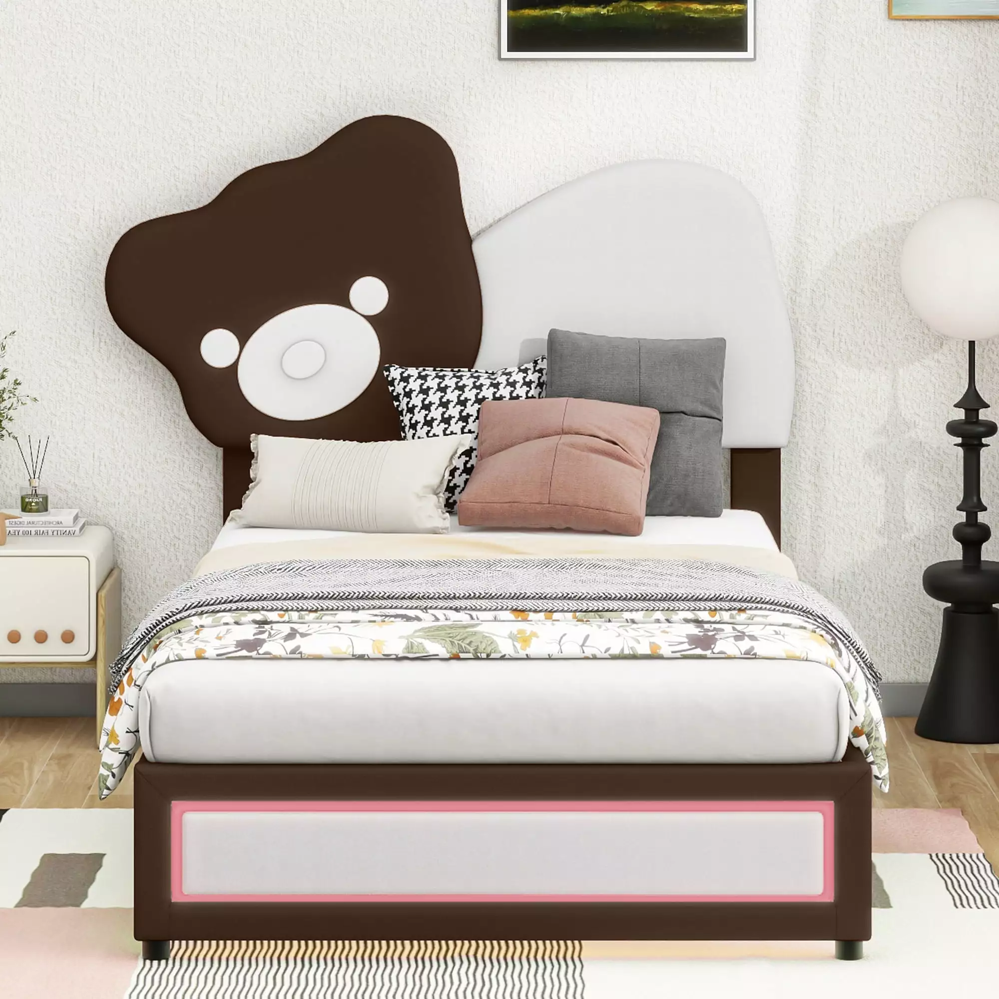 Euroco Upholstered Twin Size Platform Bed Frame. Cartoon Bear-Shaped Bed with LED Light for Kids. White