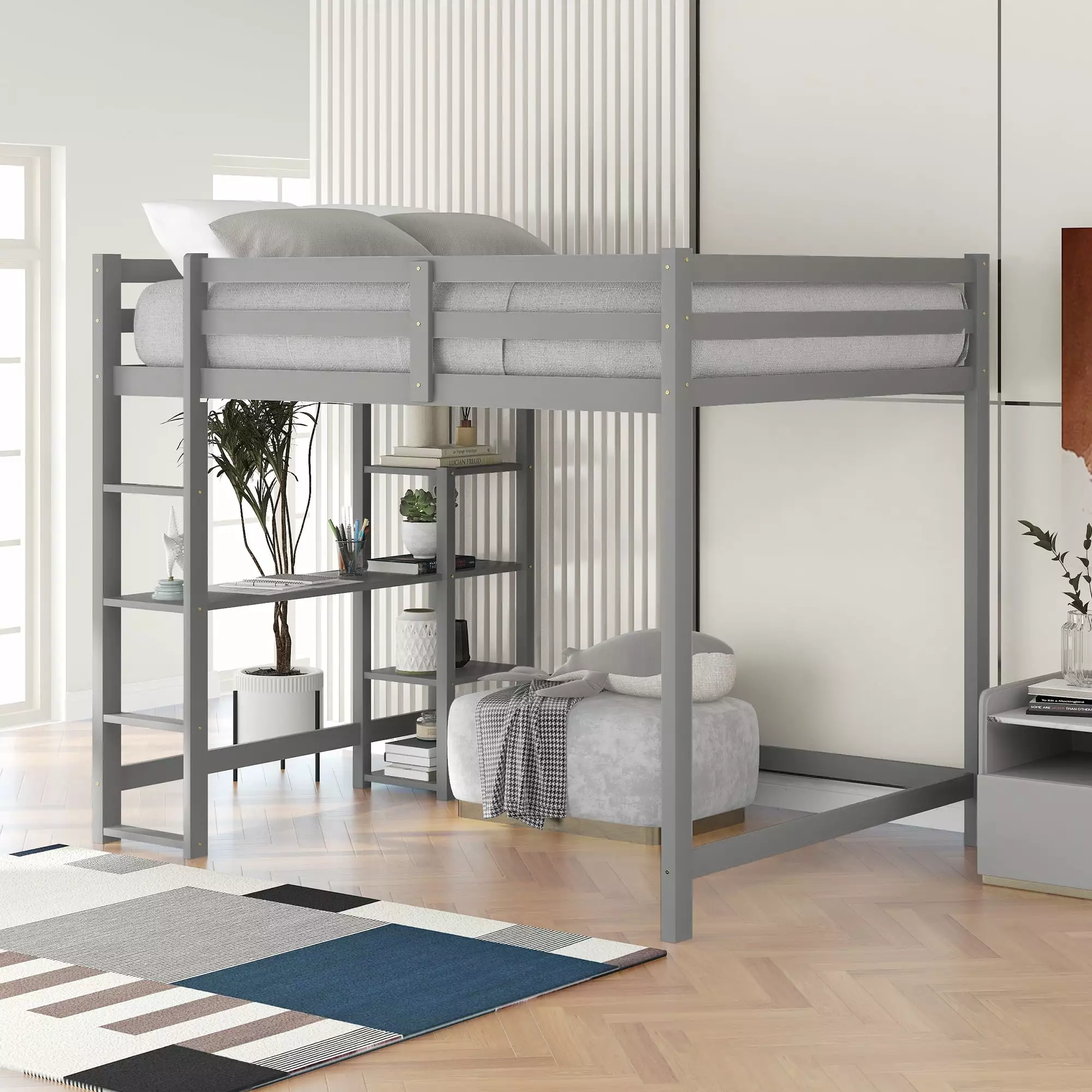 Euroco Full Size Loft Bed with Built-in Desk and Shelves for Kids Teens Adults. Gray