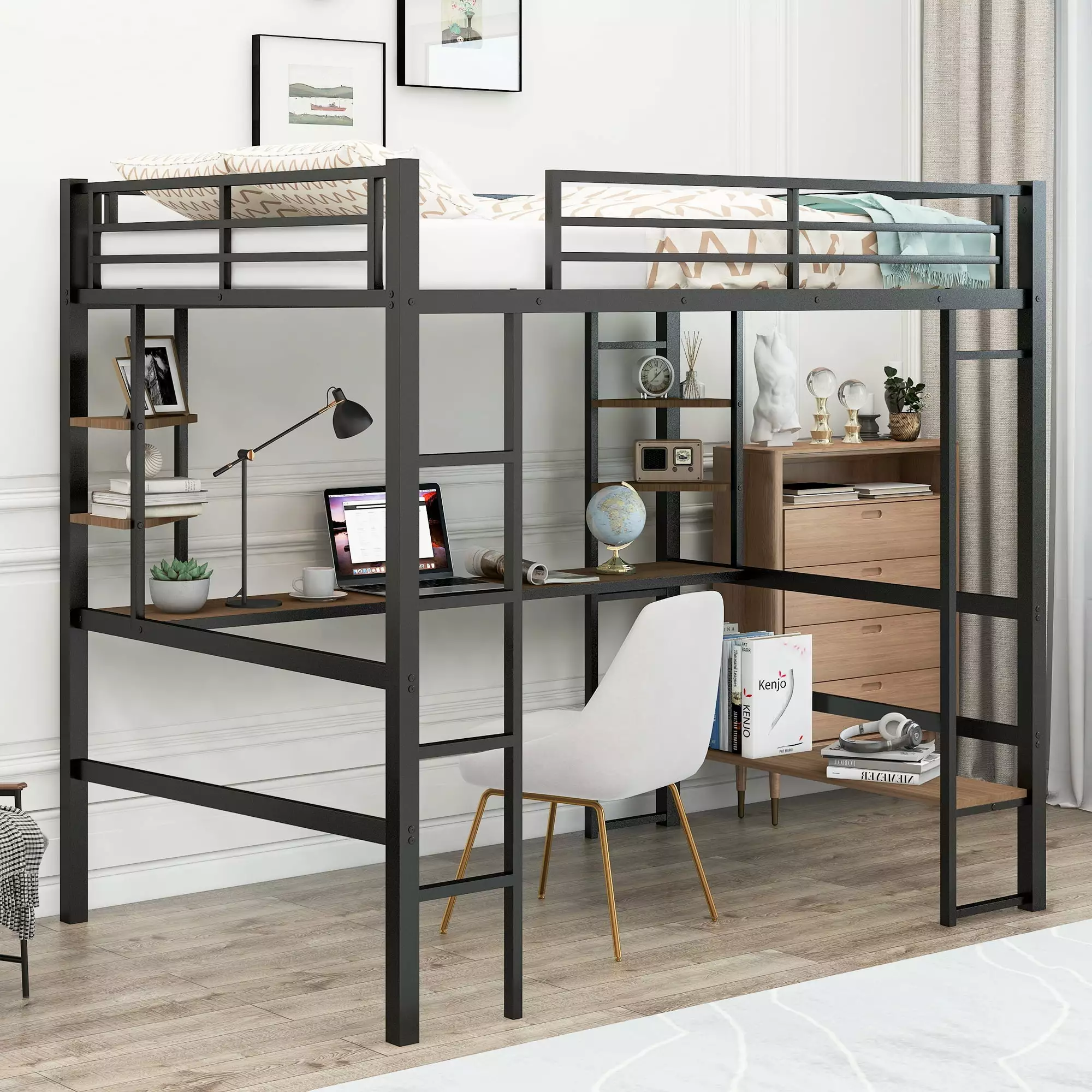 Euroco Full Size Metal Loft Bed with Black MDF Study Desk and Shelves