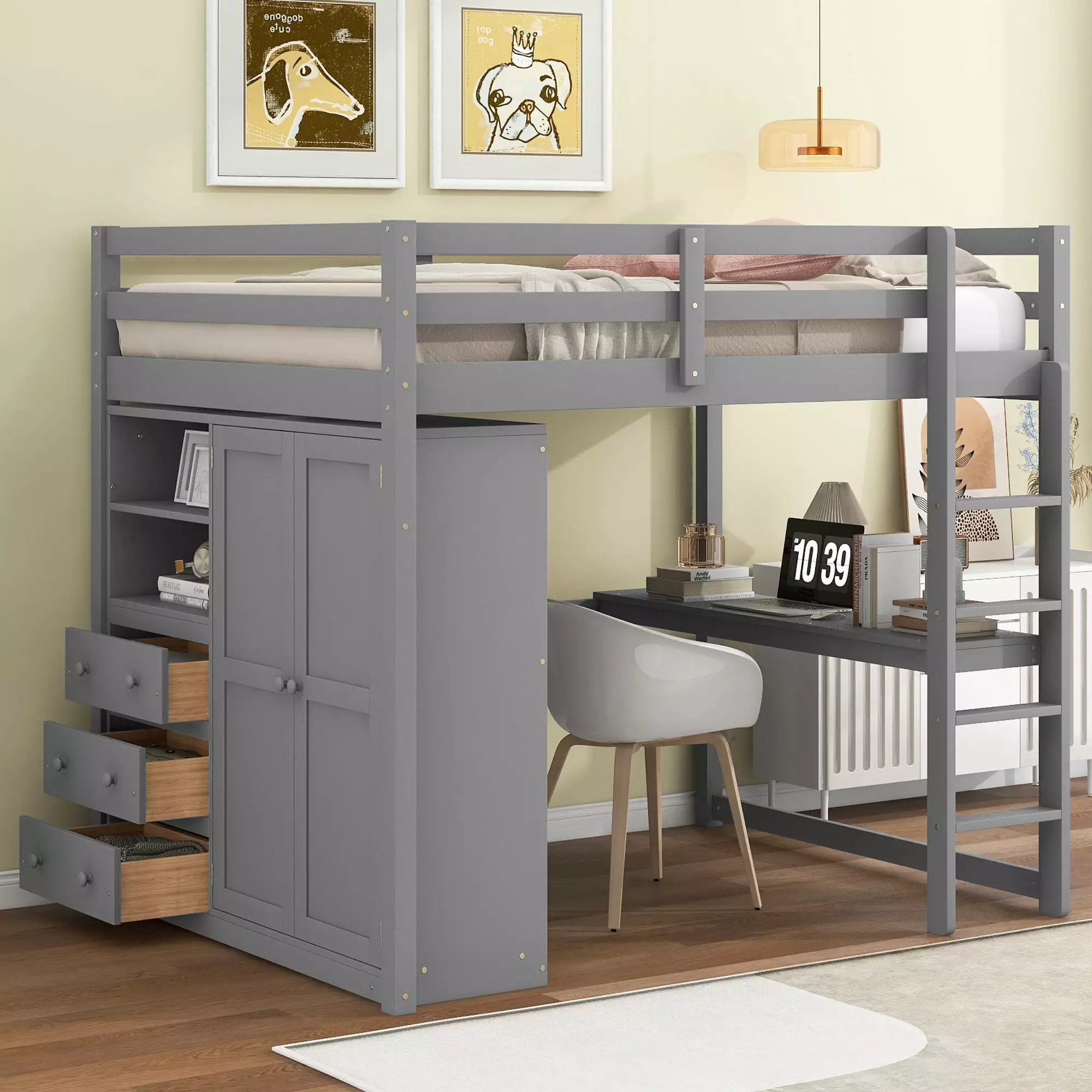 Euroco Full Size Wood Loft Bed with Desks. 3 Drawers. 2-Tier Shelf and a Wardrobe with Clothes Hanger for Living Room. Multifunctional Loft Bed for Sleeping or Studying. Gray