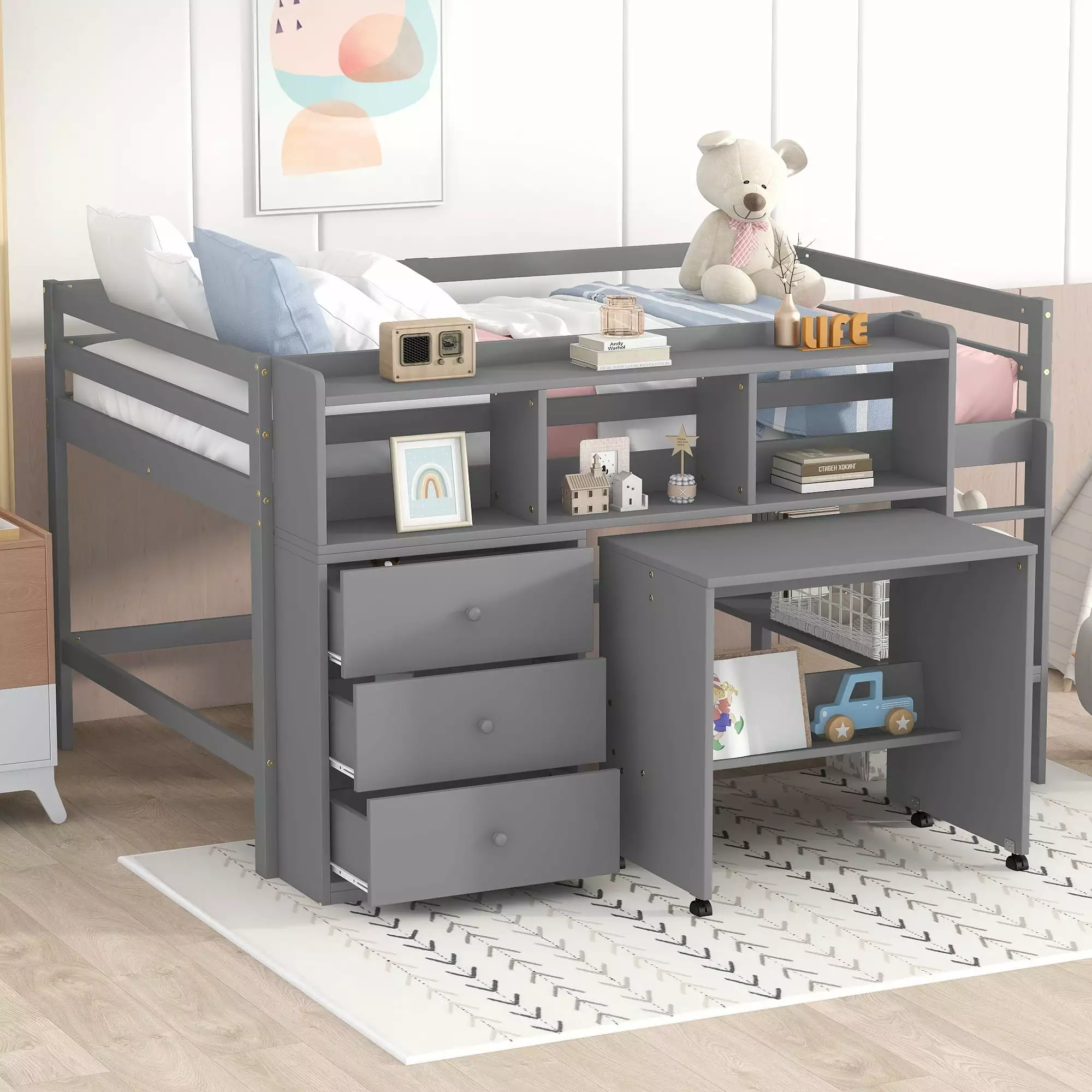 Euroco Full Size Wood Loft Bed with Desk. Drawers and a Shelf for Kids Room. Gray